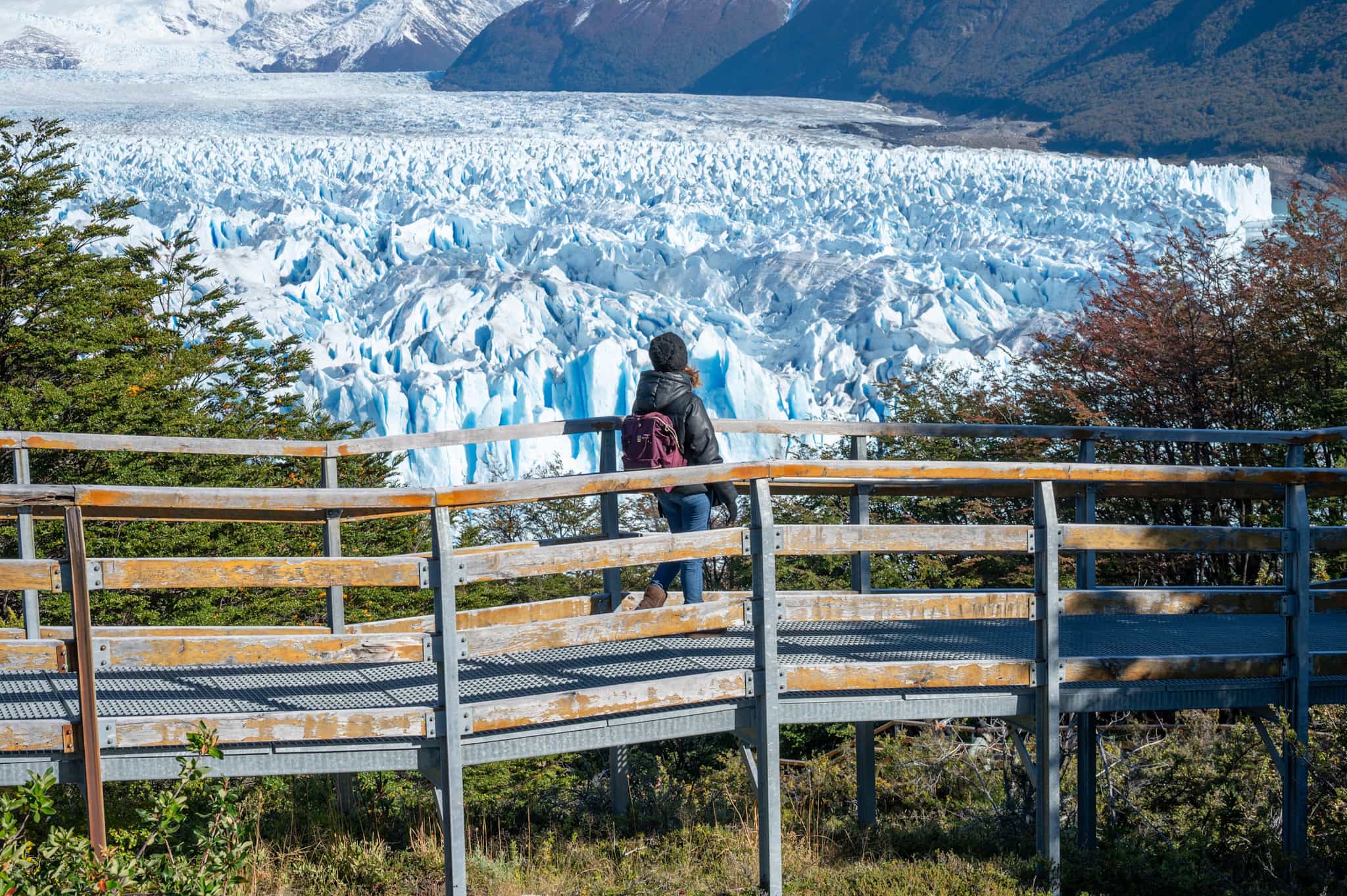 Hiker looks over Perito Moreno Glacier from a walkway