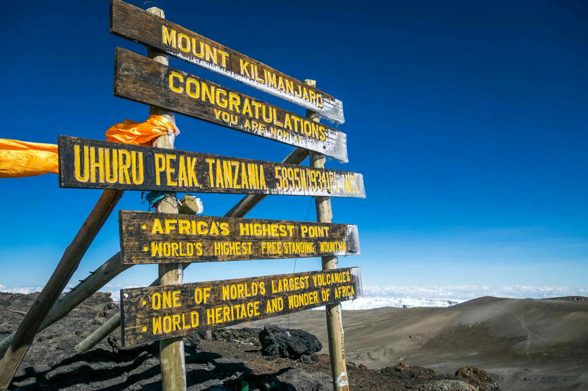 View of the sign at Uhuru Peak on Mount Kilimanjaro, Tanzania.