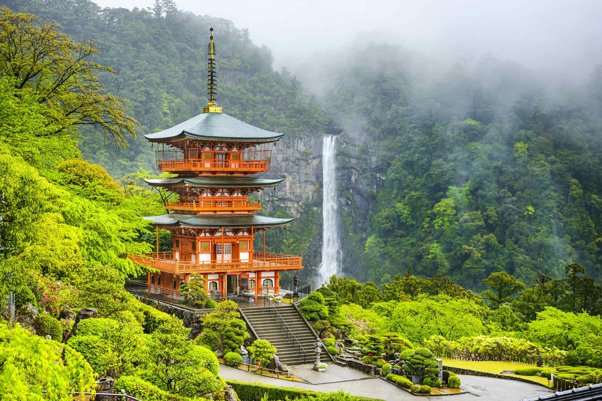 Nachi Falls and Pagoda, Kumano Kodo trail, Japan. Photo: iStock-534133913