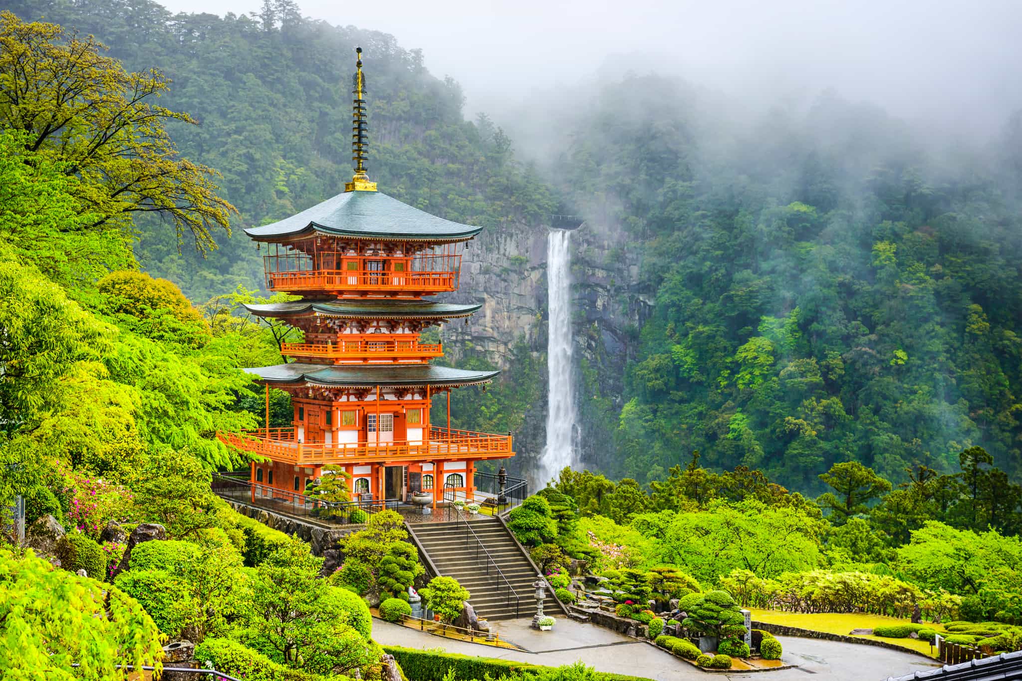 Nachi Falls and Pagoda, Kumano Kodo trail, Japan. Photo: iStock-534133913