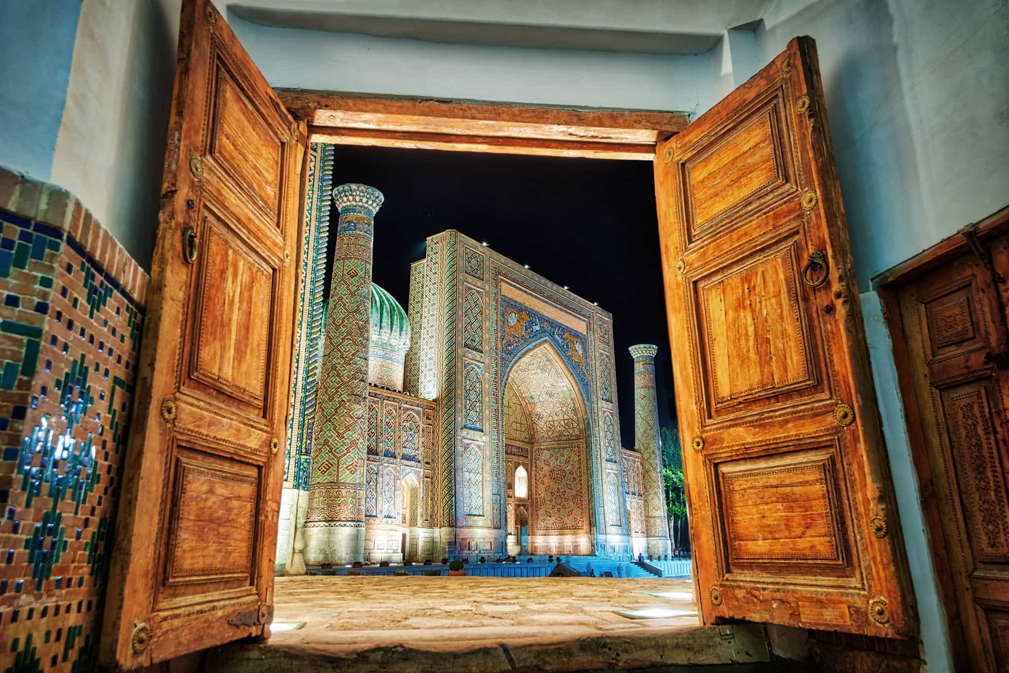 Regsitan Square by night. Samarkand, Uzbekistan.