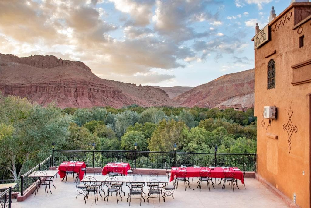 The terrace at the Hotel Awayou, Morocco.