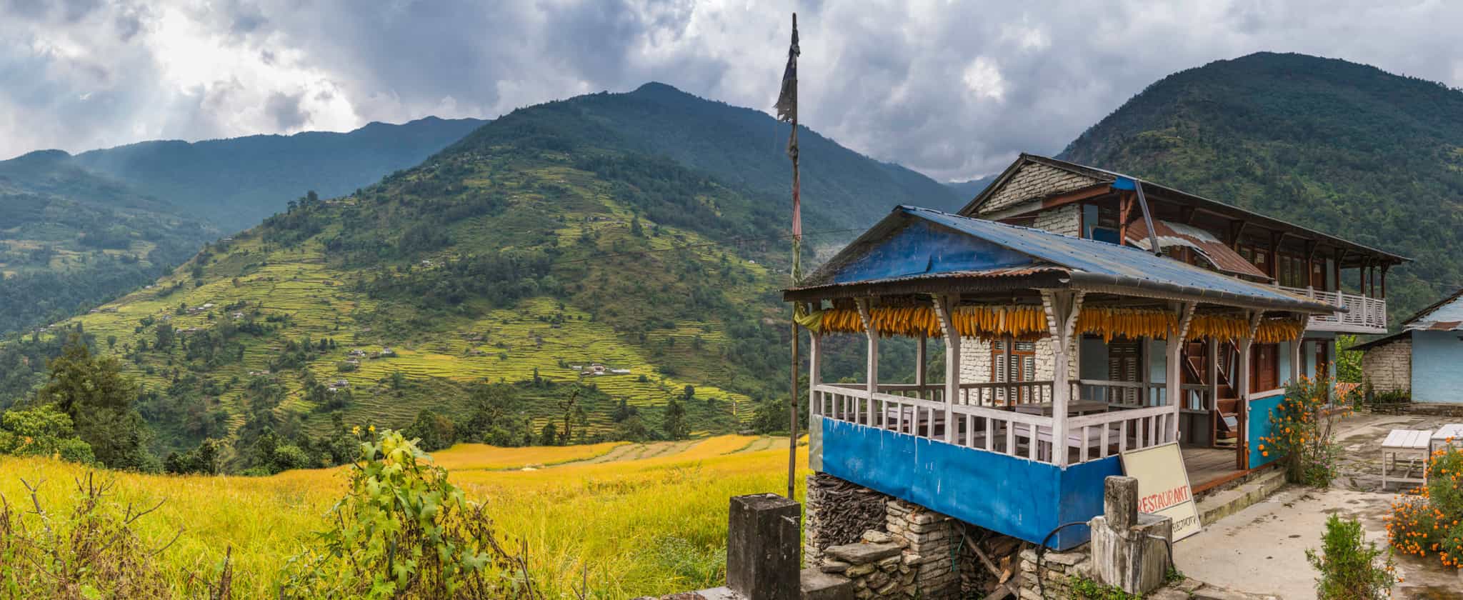 Traditional Himalayan teahouse in the lush green valleys of the Annapurna range, Nepal