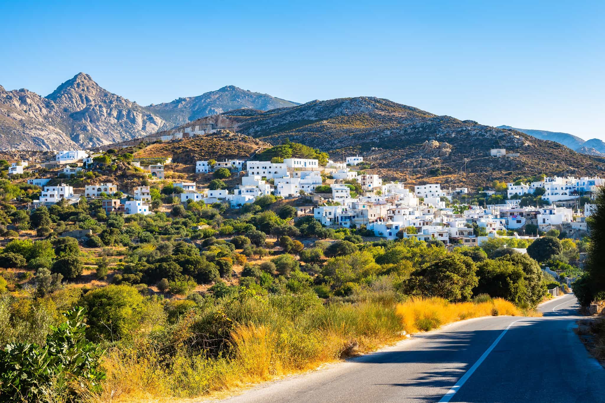 View of village of Kourounochori from the road, Naxos island, Cyclades, Greece
