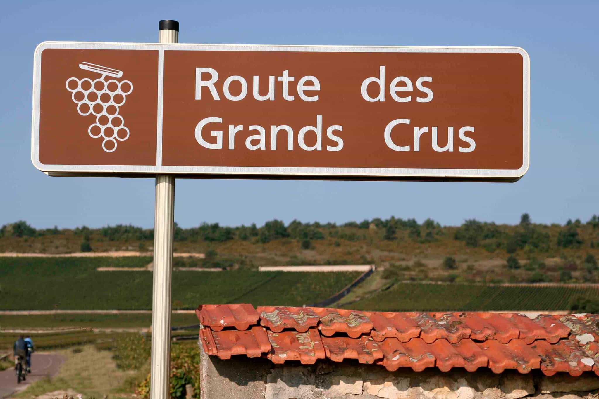 Route des Grands Cru sign with cyclists in background, Burgundy, France