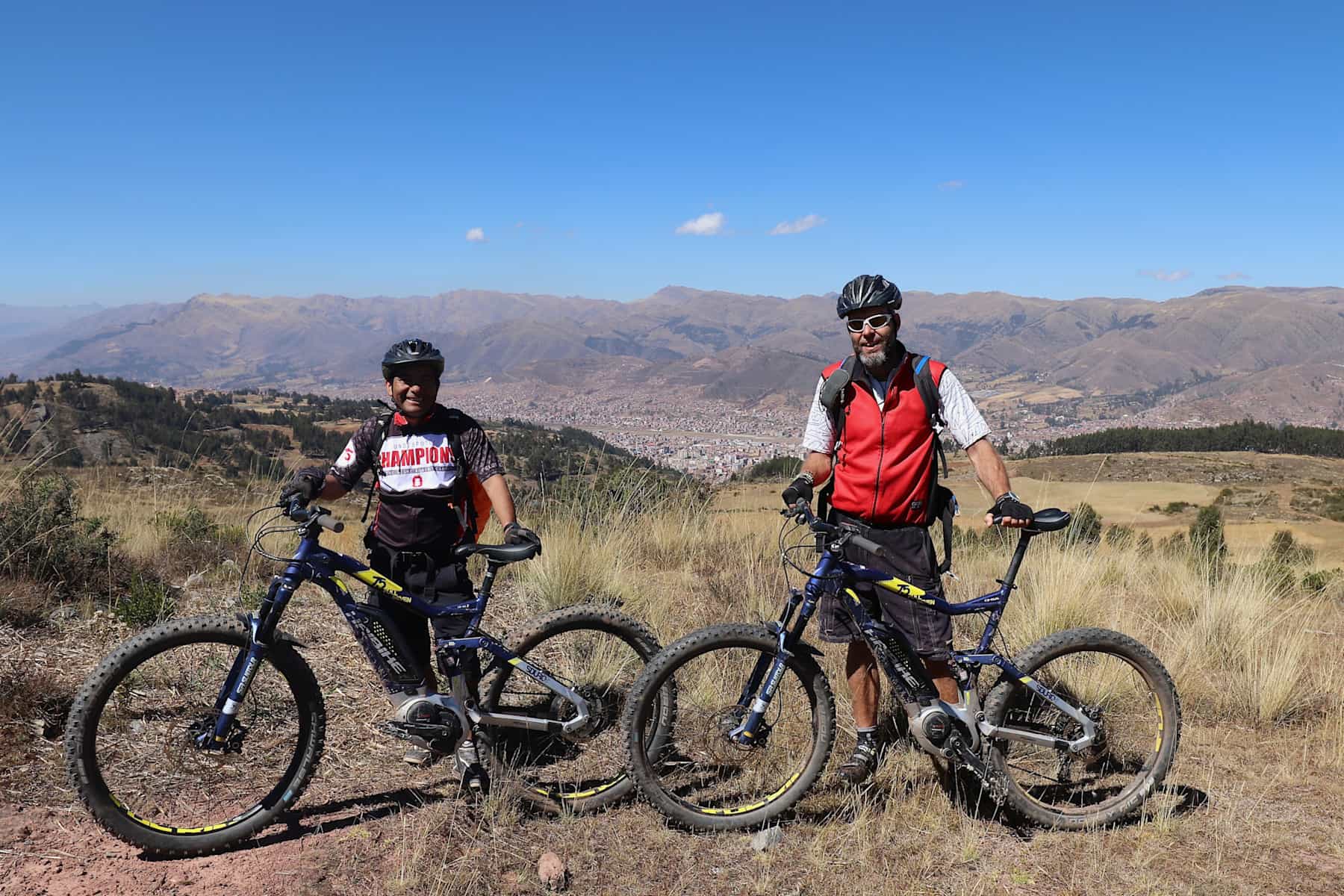 Ebikers taking a break on the outskirts of Cusco in Peru
