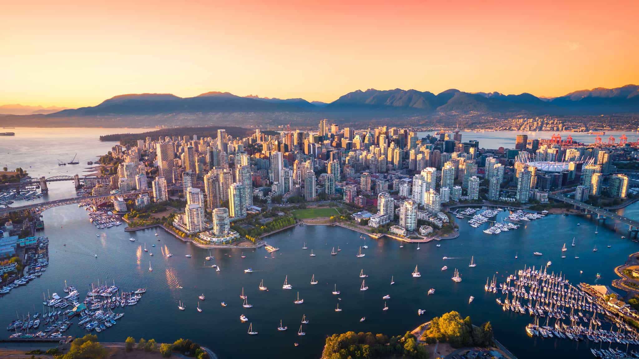 Aerial shot of Vancouver city in British Columbia, Canada.