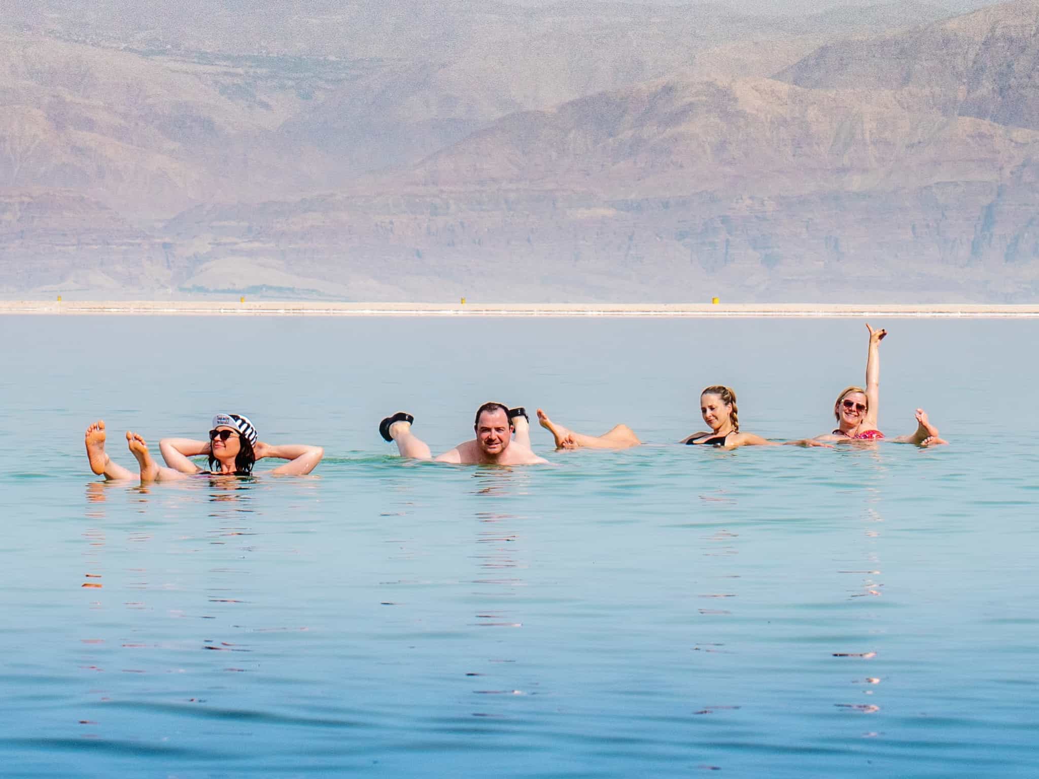 People floating the salty water of Jordan's Dead Sea.