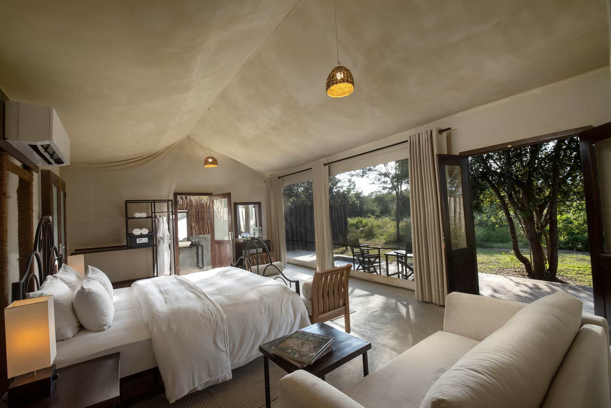 Inside view of a safari tent at the Wild Ceylon glamping site.