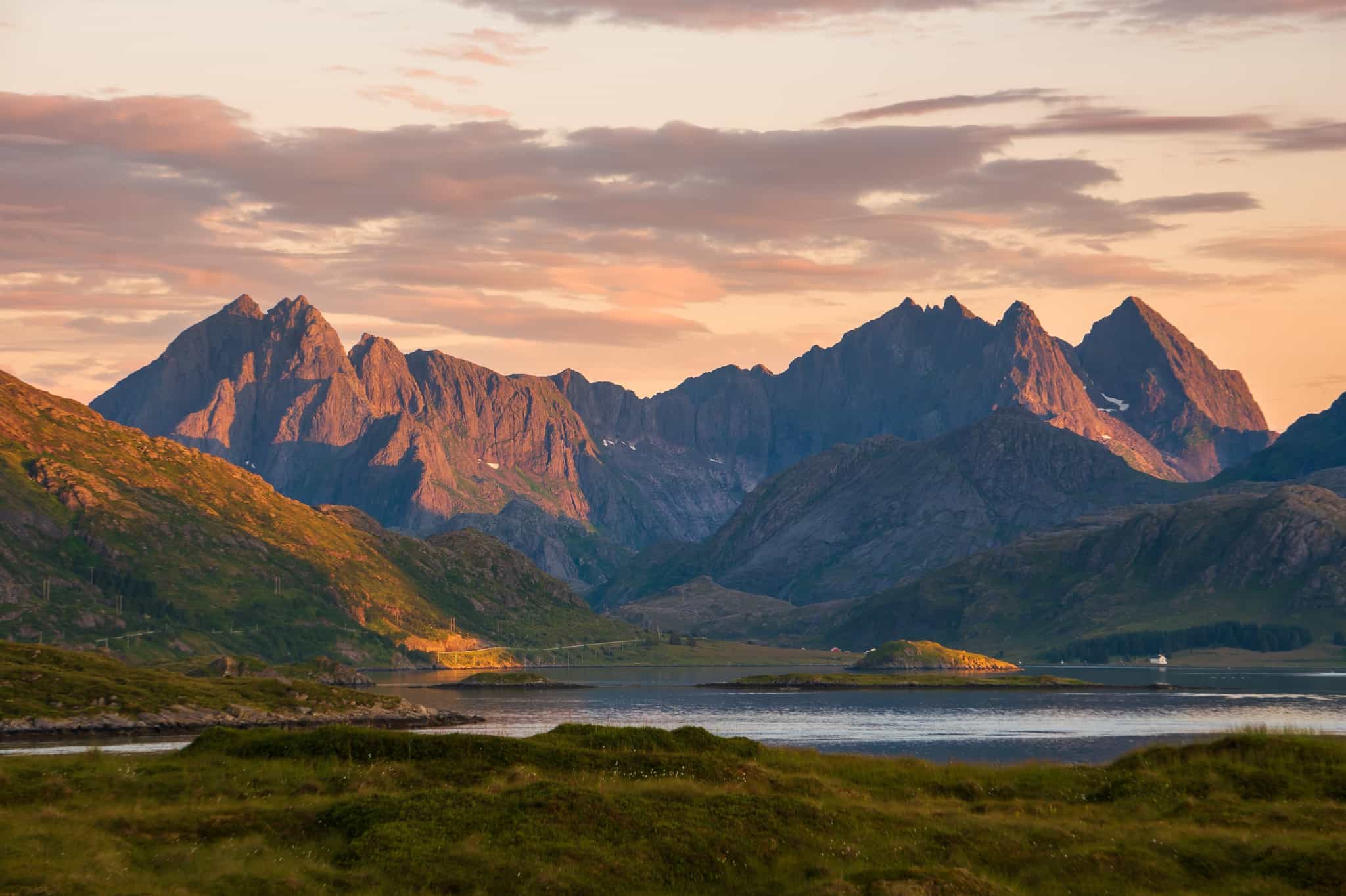 Mountainous terrain around Selfjord in the Lofoten Islands, Norway.