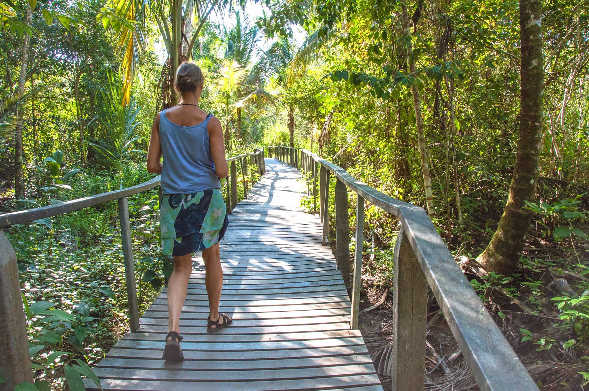 Woman walks on boardwalk in Cahuita National Park,