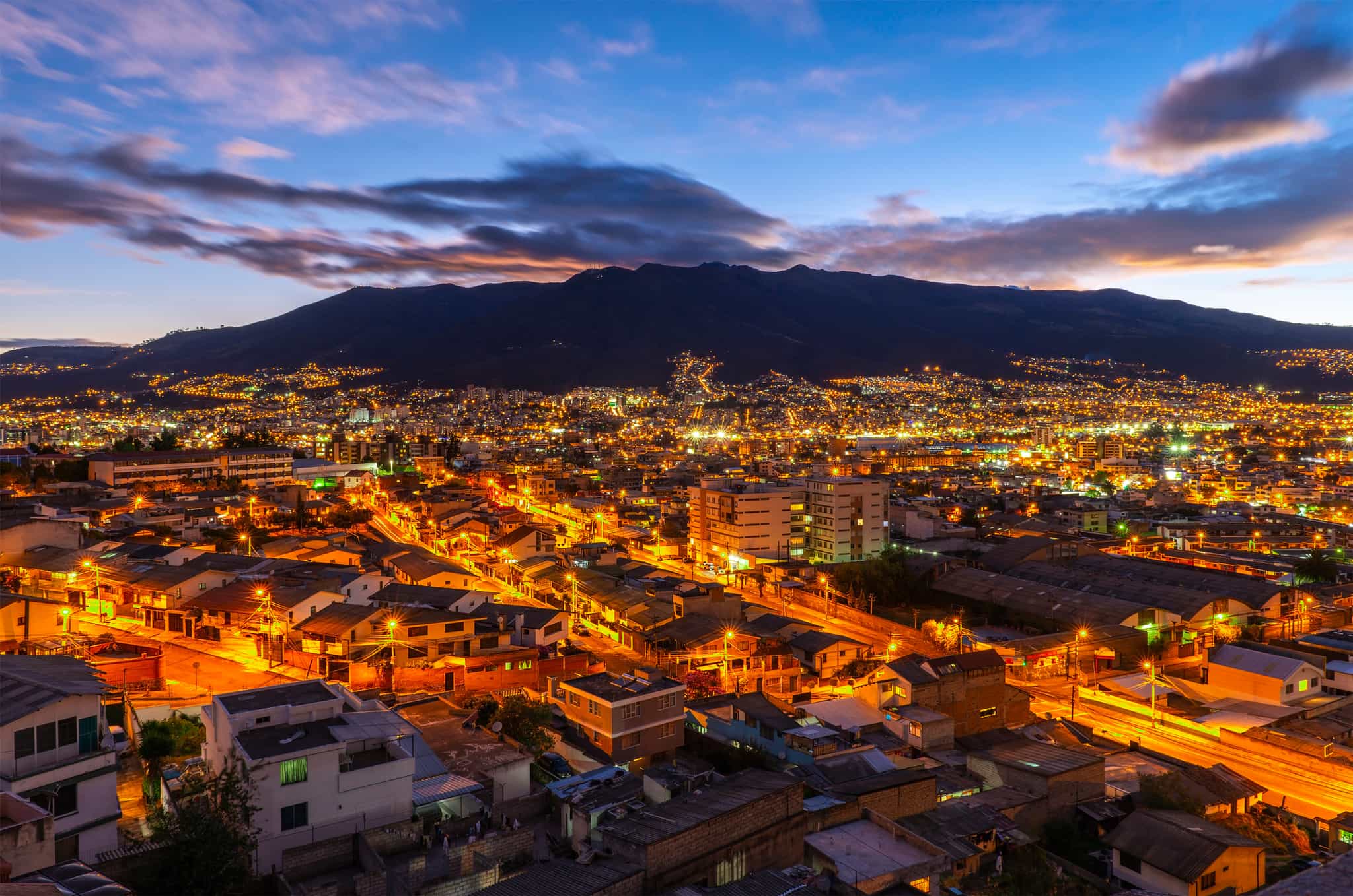 A cit scape of Quito at night, Ecuador. 