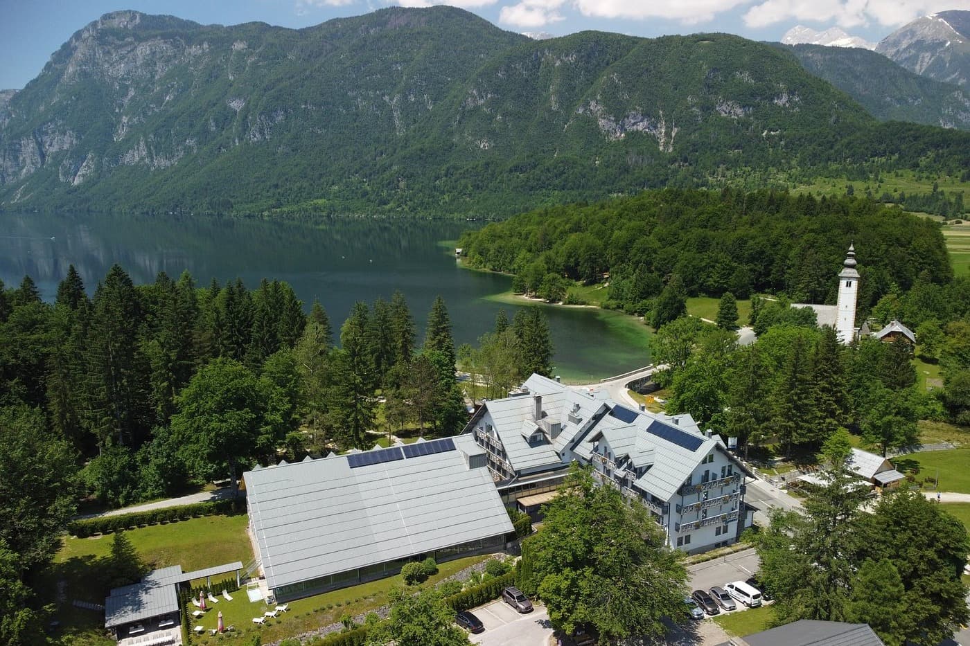 View of Jezero hotel at lake Bohinj, Slovenia