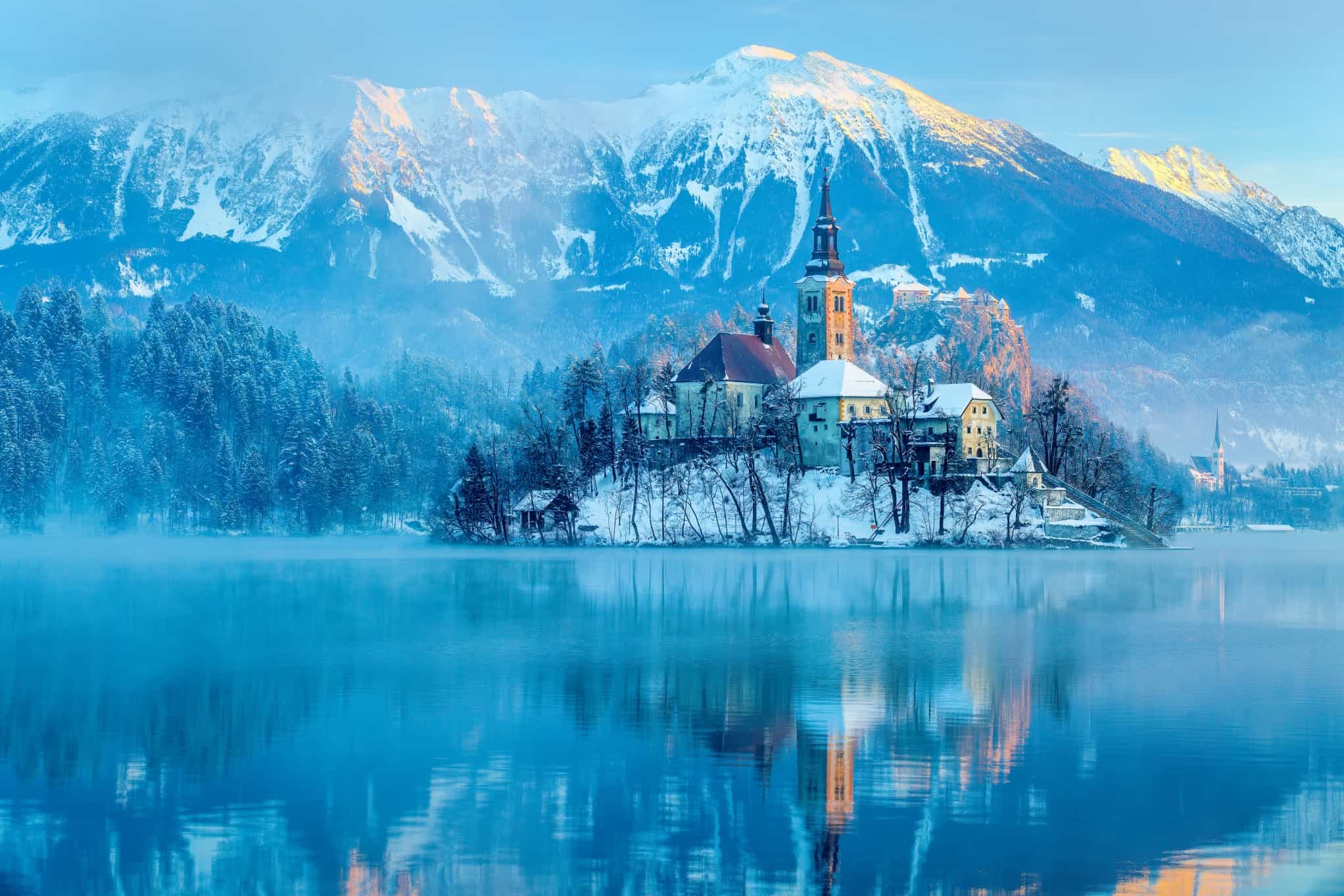 The famous church in Lake Bled, Slovenia, during winter