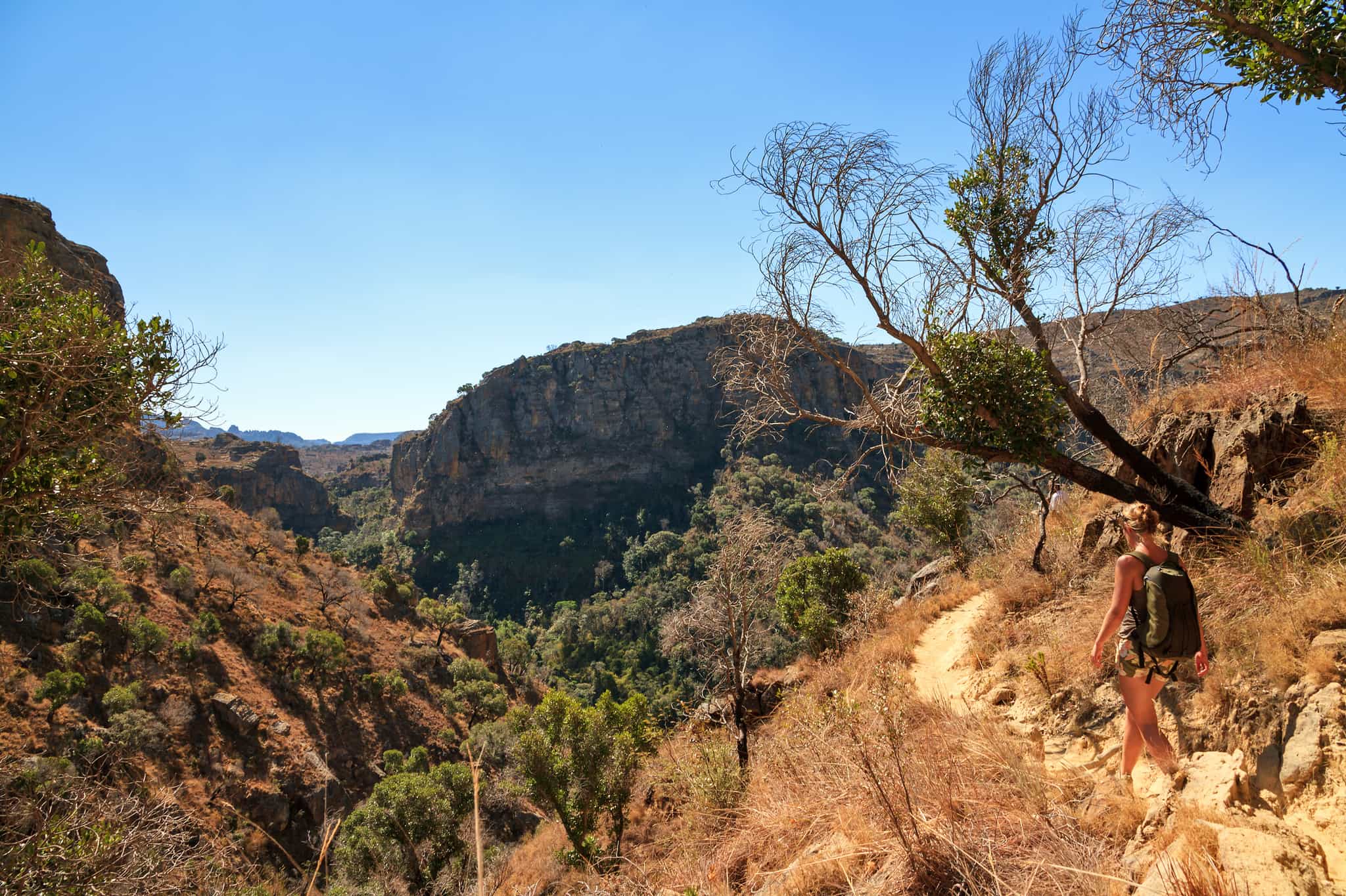 Girl hiking on a traiI in Isalo National Park, Madagascar. Photo: GettyImages-520167199