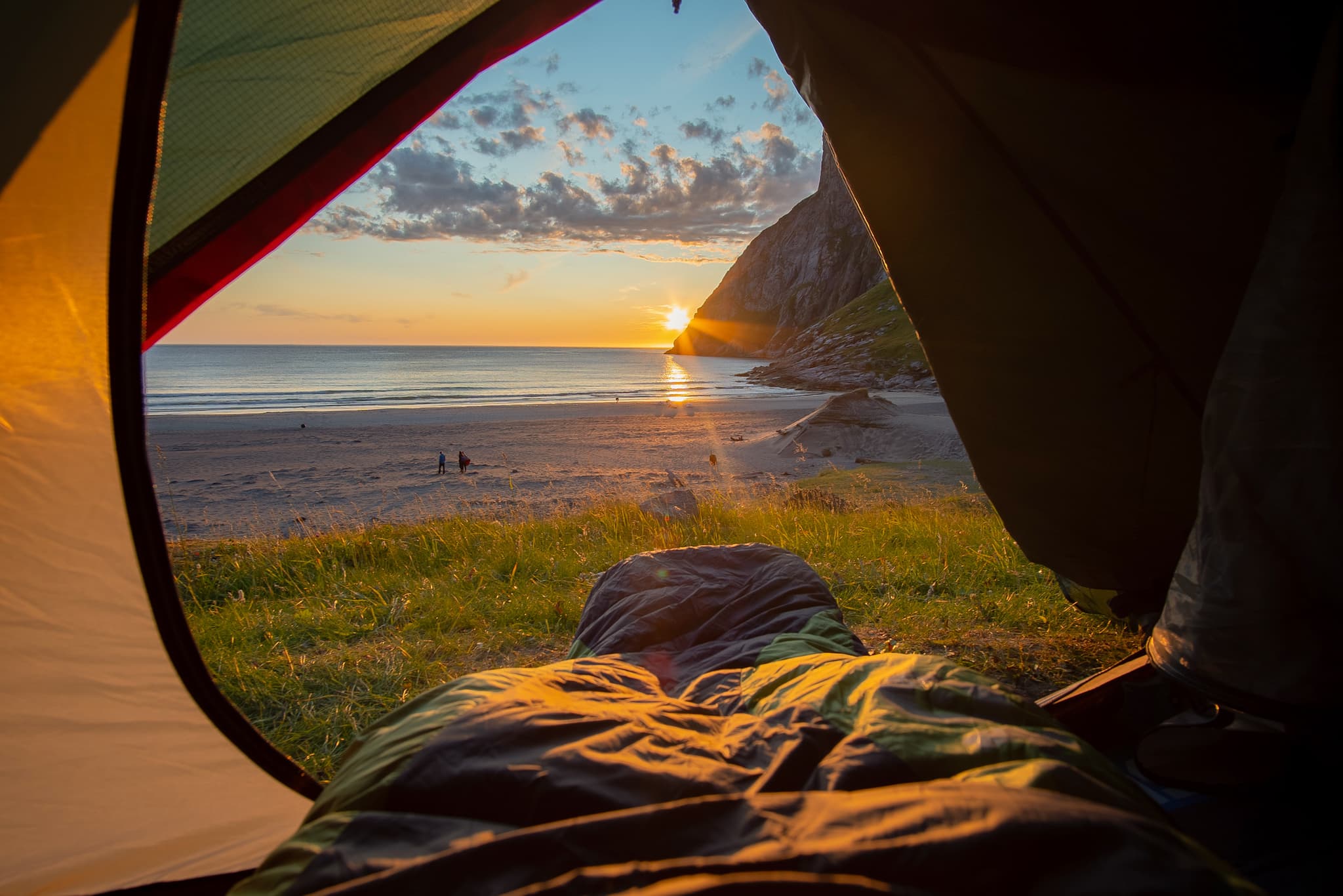 Wild camping on a beach in the Lofoten Islands, Norway.