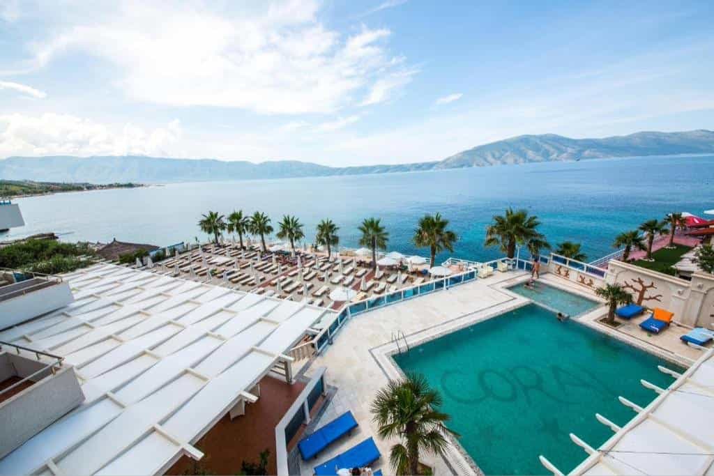 View of the pool and coastline at Coral Resort, Vlore, Albania