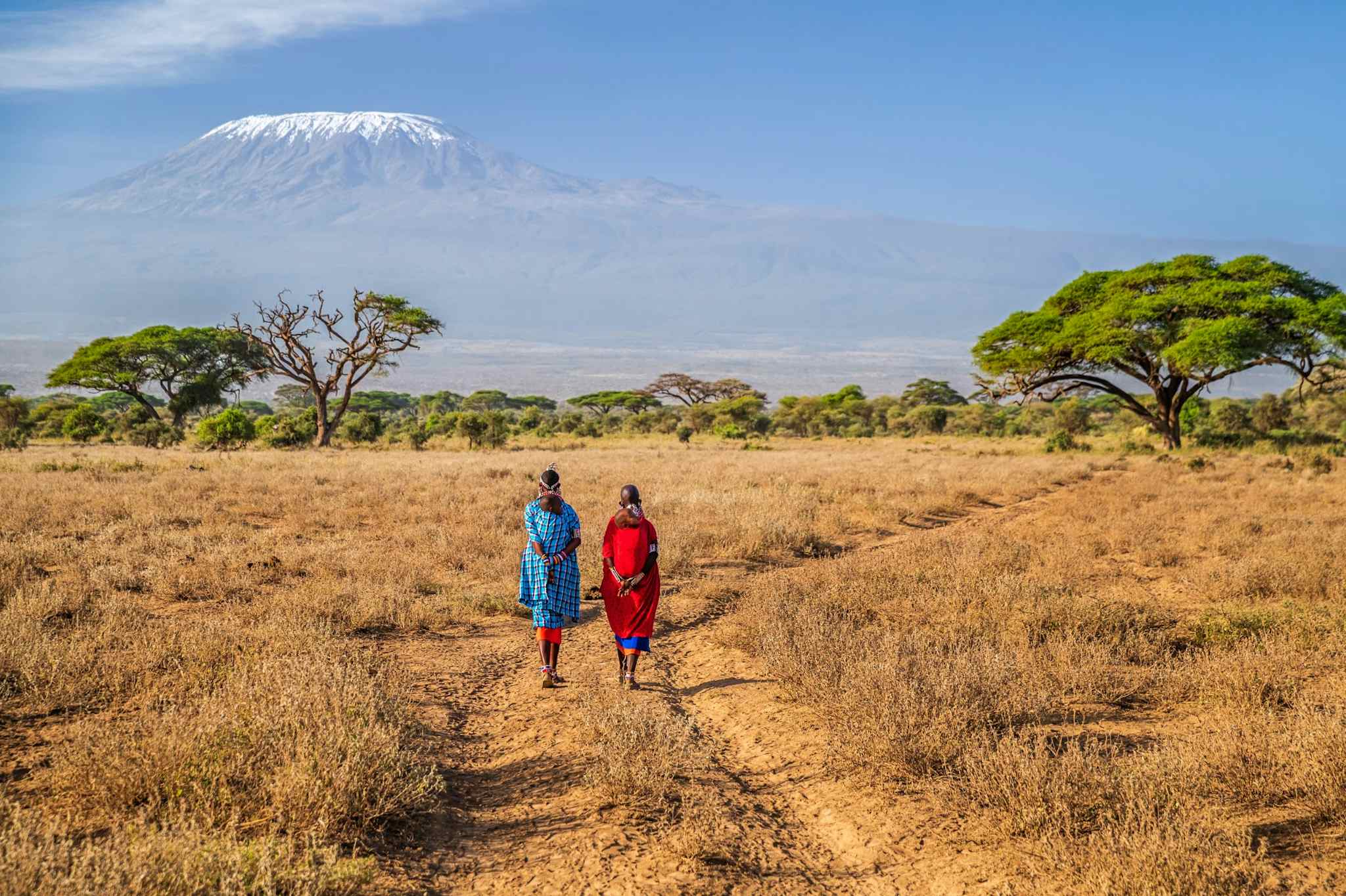 Two Maasai walking on a track through the Tanzanian savannah with Mount Kilimanjaro in the background.