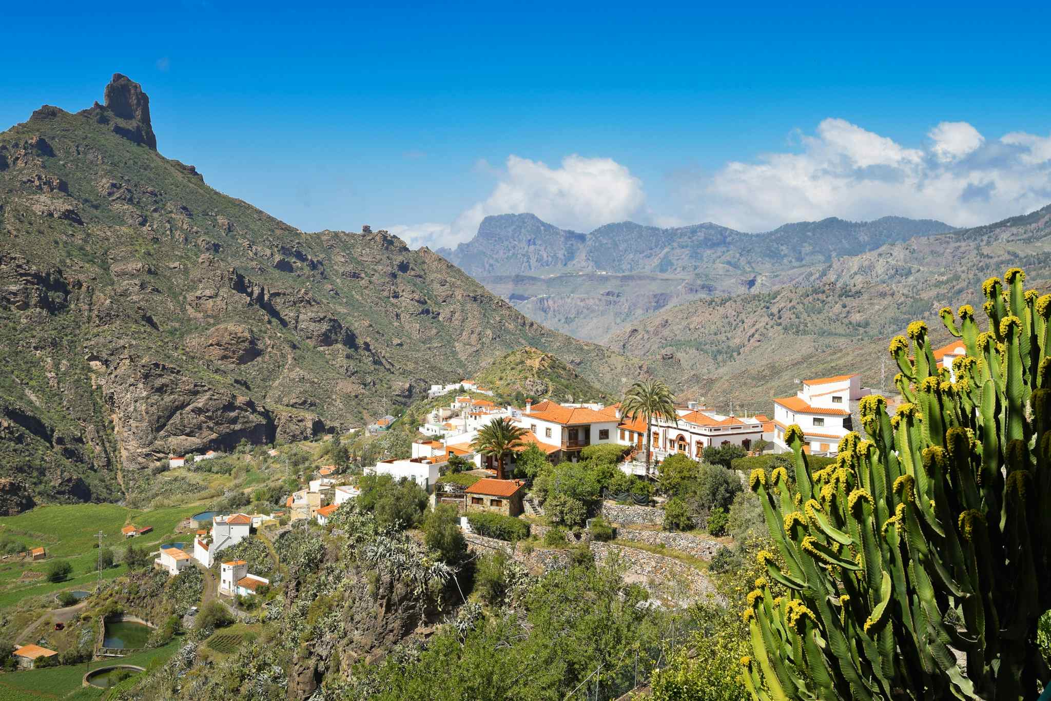 View of white village houses with terracotta roofs from Tejeda, Gran Canaria, Spain