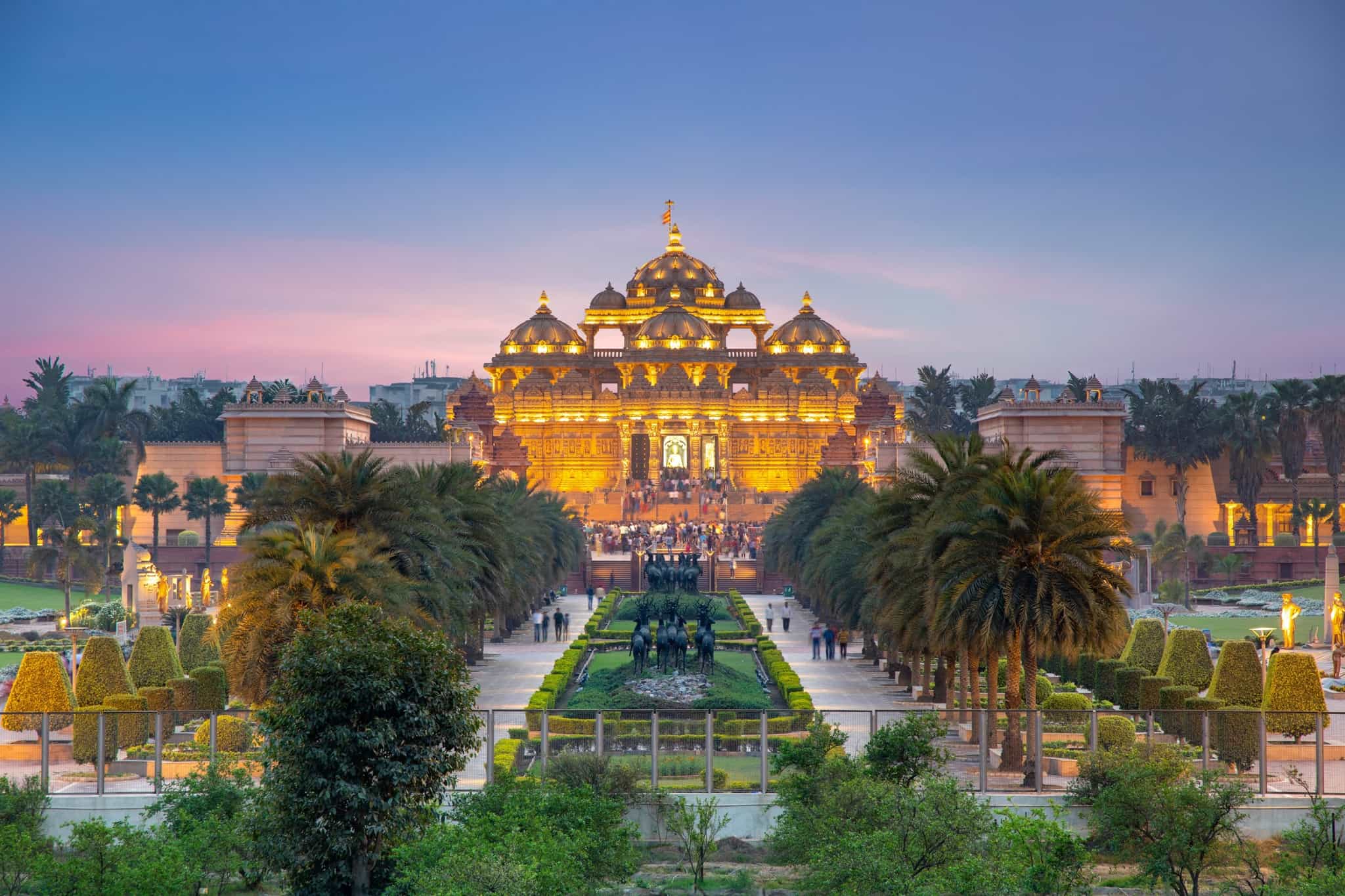 Aerial view of Swaminarayan Akshardam Temple with gardens stretching in front in Delhi, India.
