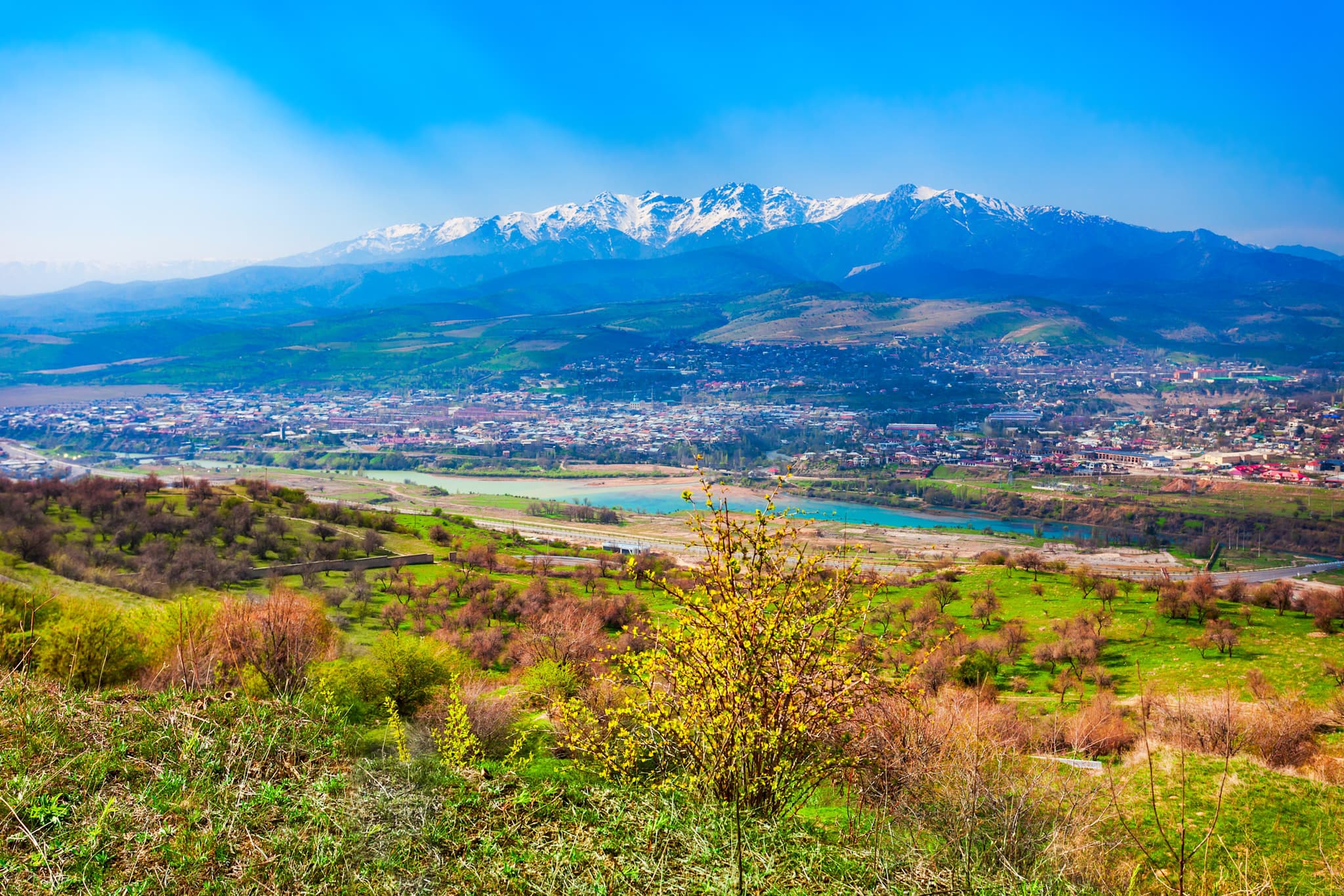 Charvak and Xojikent town and Chirchiq river in the Tian Shan or Tengri Tagh mountain range near Taskent city in Uzbekistan in Central Asia