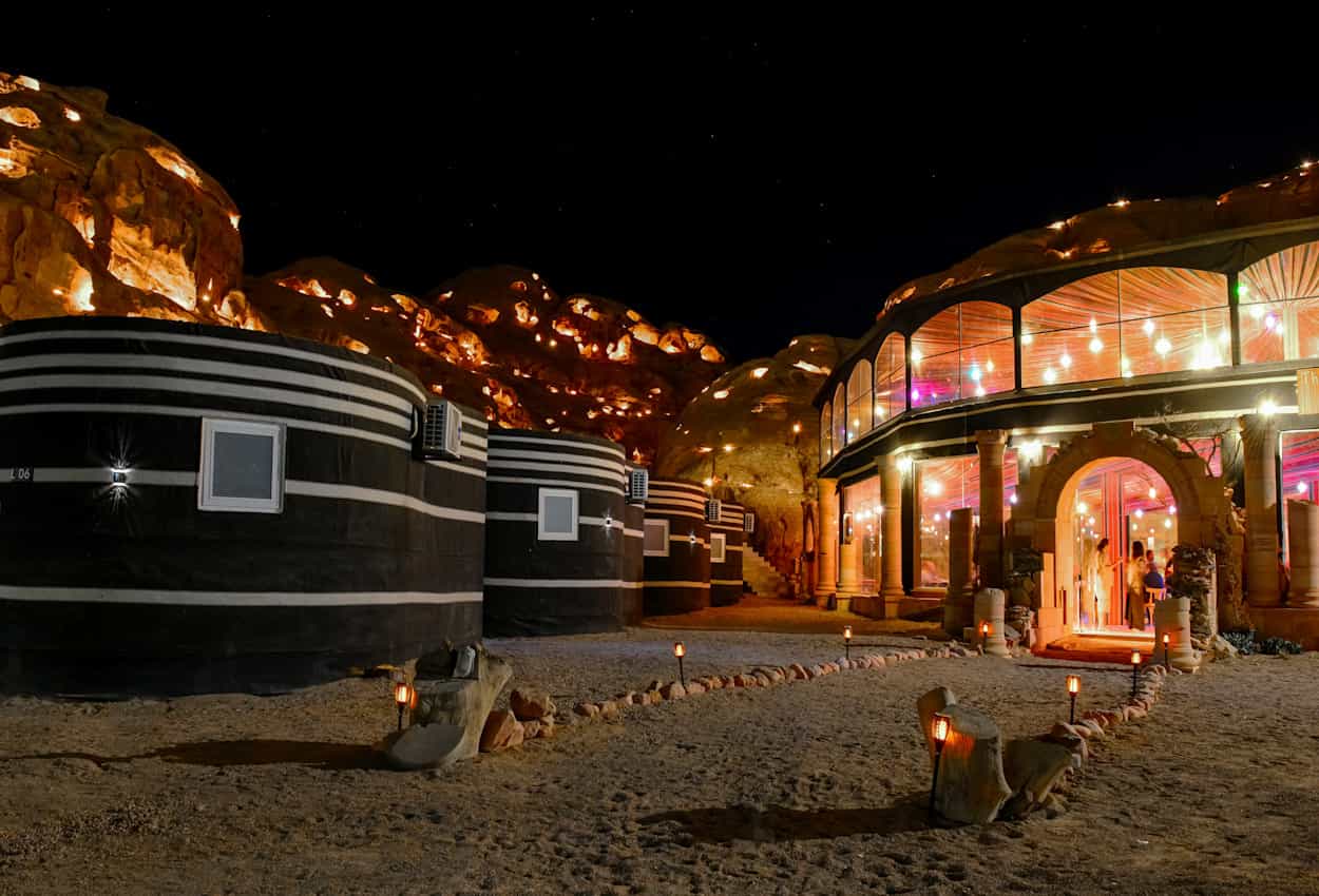 The Little Petra glamping site in Jordan at night.