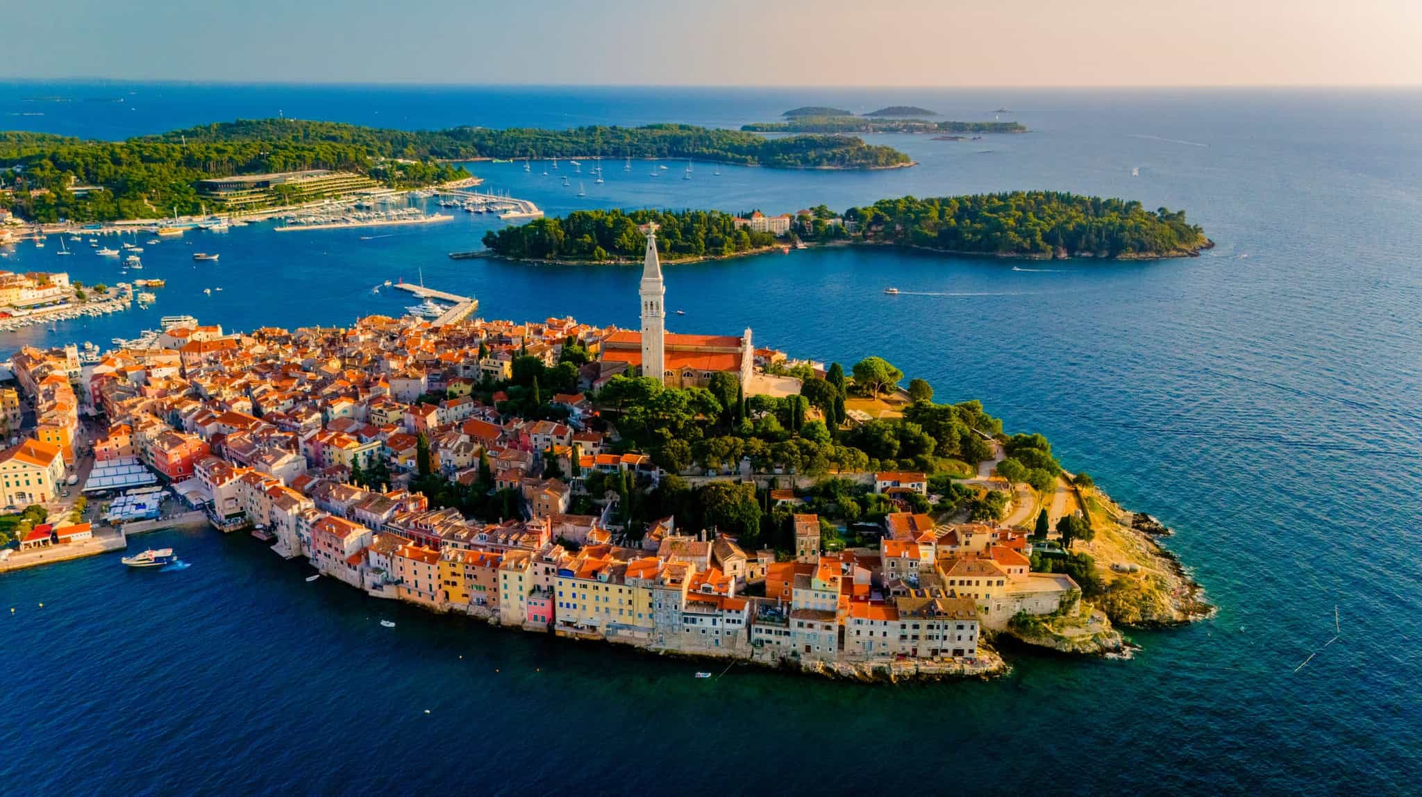 Sunset over the coastal old town of Rovinj