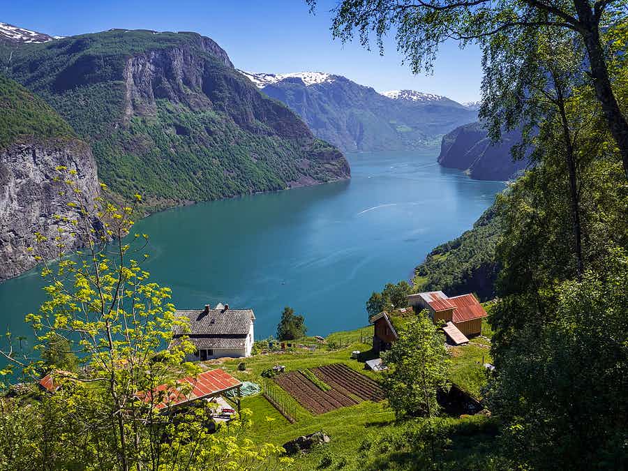 An aerial view of Stigen Farm, Aurlandsfjord, Norway.