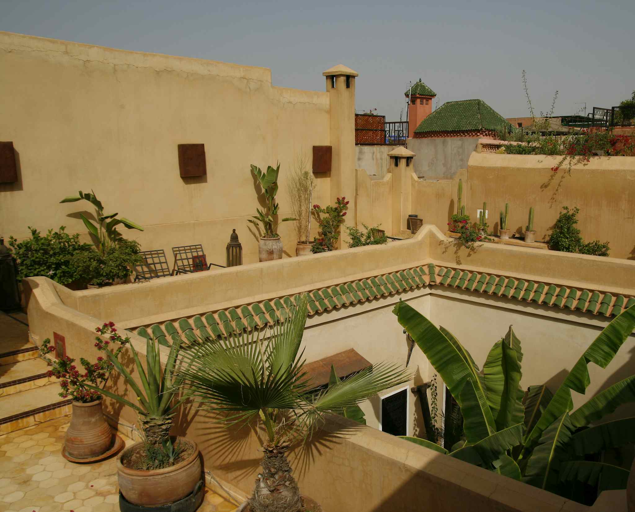 A rooftop view of a traditional riad in Marrakesh, Morocco. 