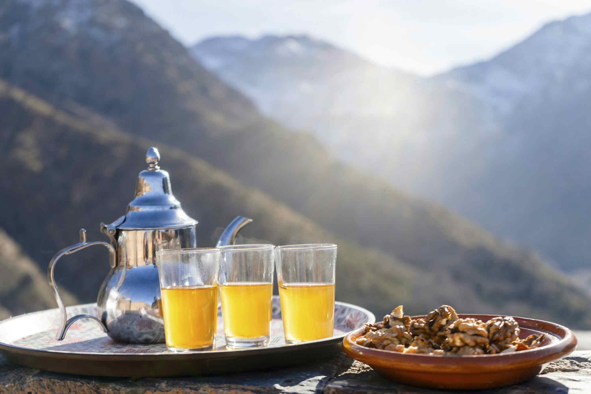 A traditional serving of mint tea in the Atlas Mountains, Morocco. 