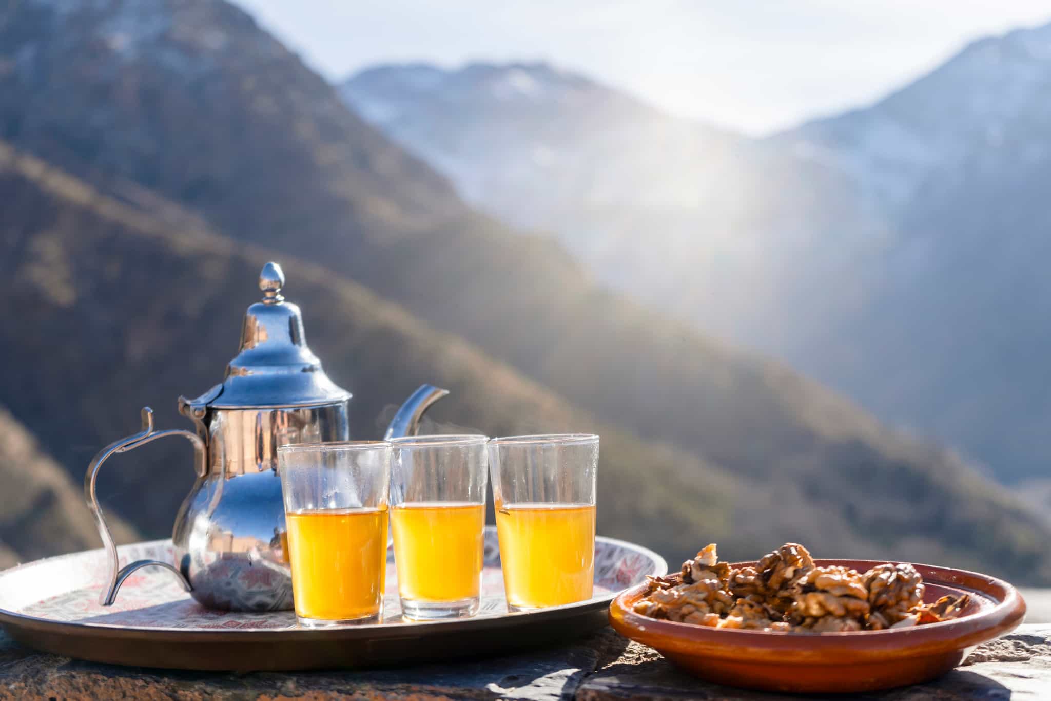 A tray of traditional mint tea in the Atlas Mountains, Morocco. 