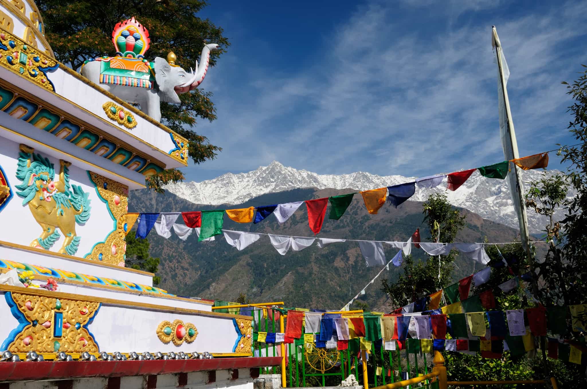 View of snowy Himalayan Peaks from Dharamshala temple