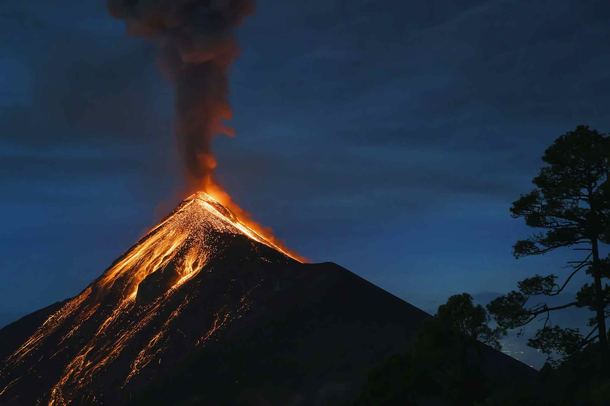 View of Fuego volcano eruption from Acatenango basecamp, Guatemala.