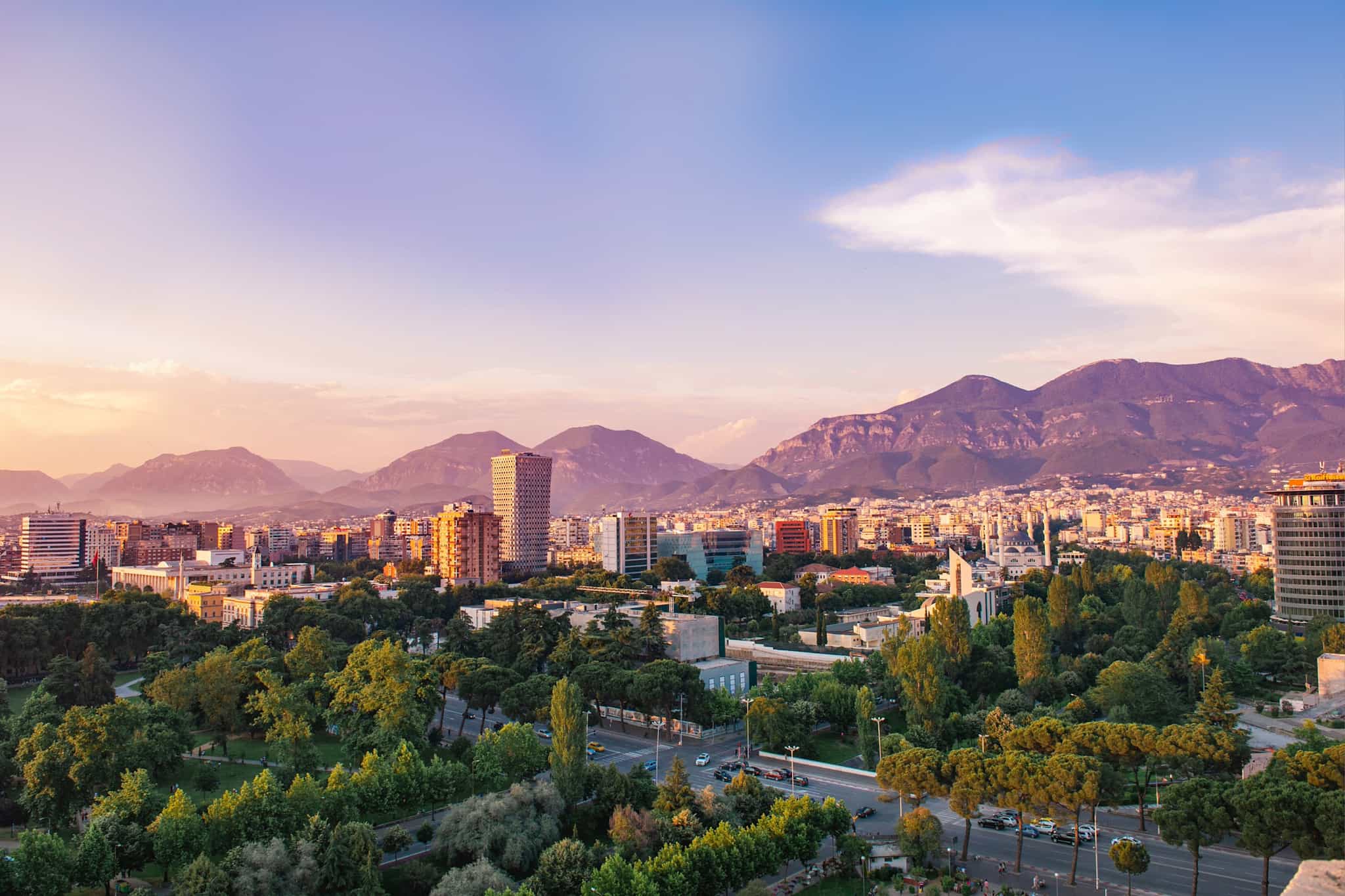 Areal view of Tirana city centre at sunset
