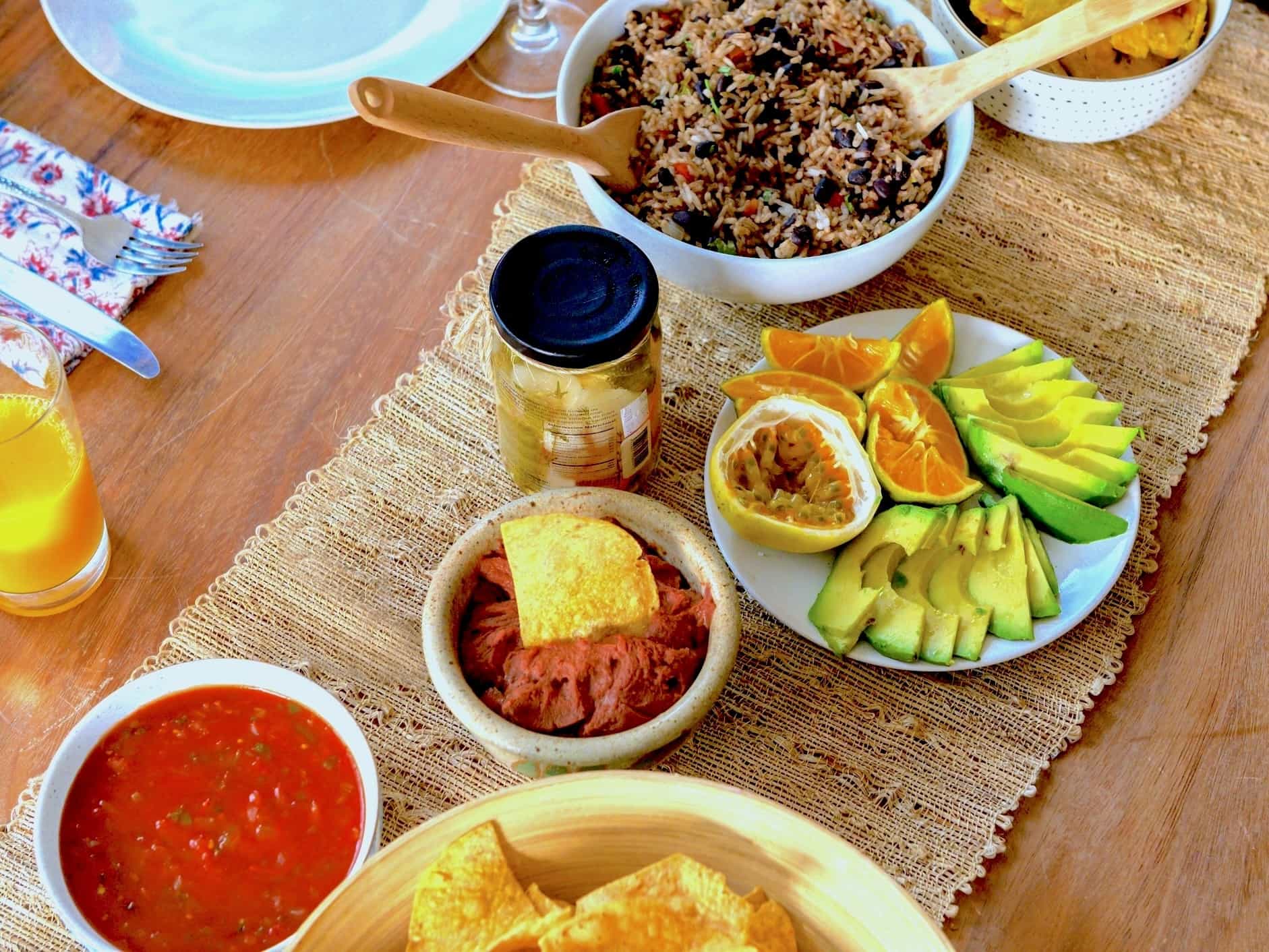 Close-up of costa rican brunch served on a on wooden table.