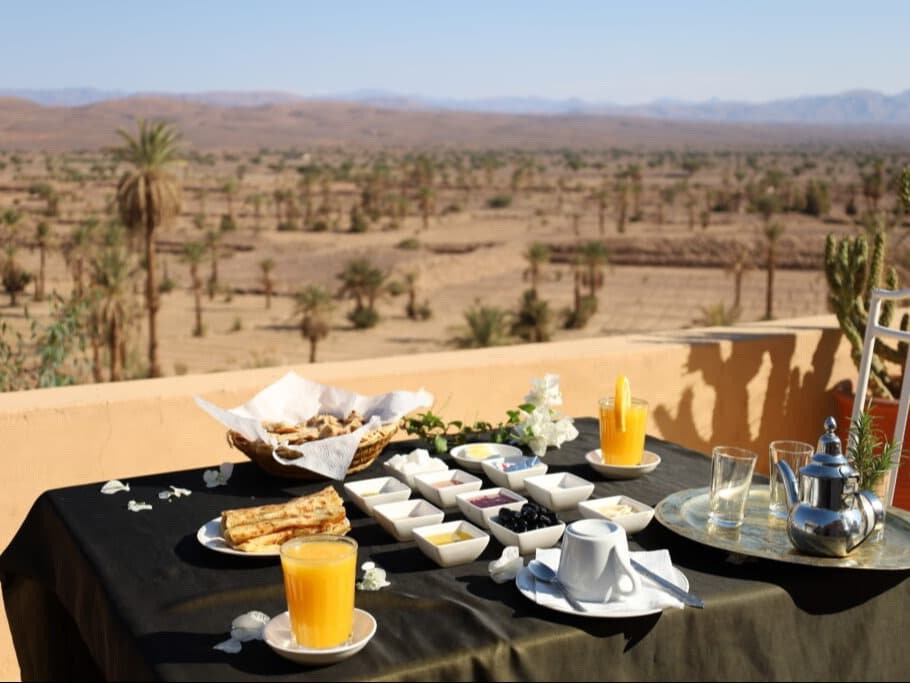 Breakfast with a desert view, Nkob guesthouse, Morocco