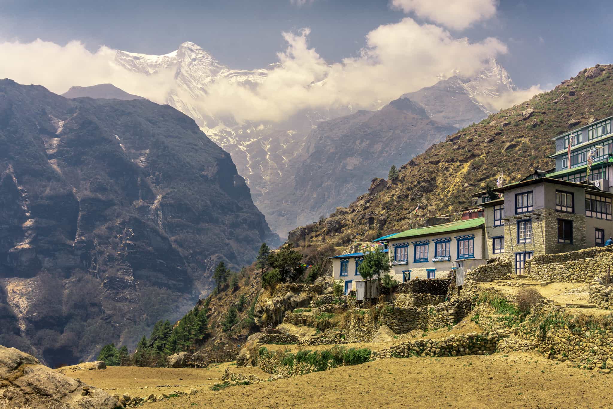 View from Namche Bazaar, Everest Region, Khumbu Region, Himalayas, mountain village, teahouses, Nepal