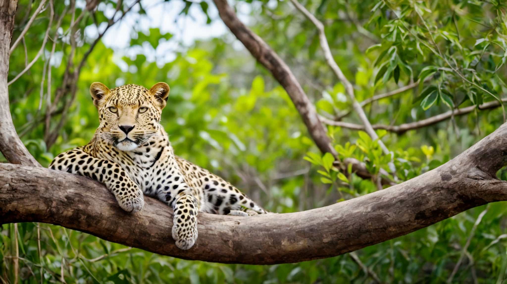 Leopard sitting on a tree branch in Yala National Park, Sri Lanka