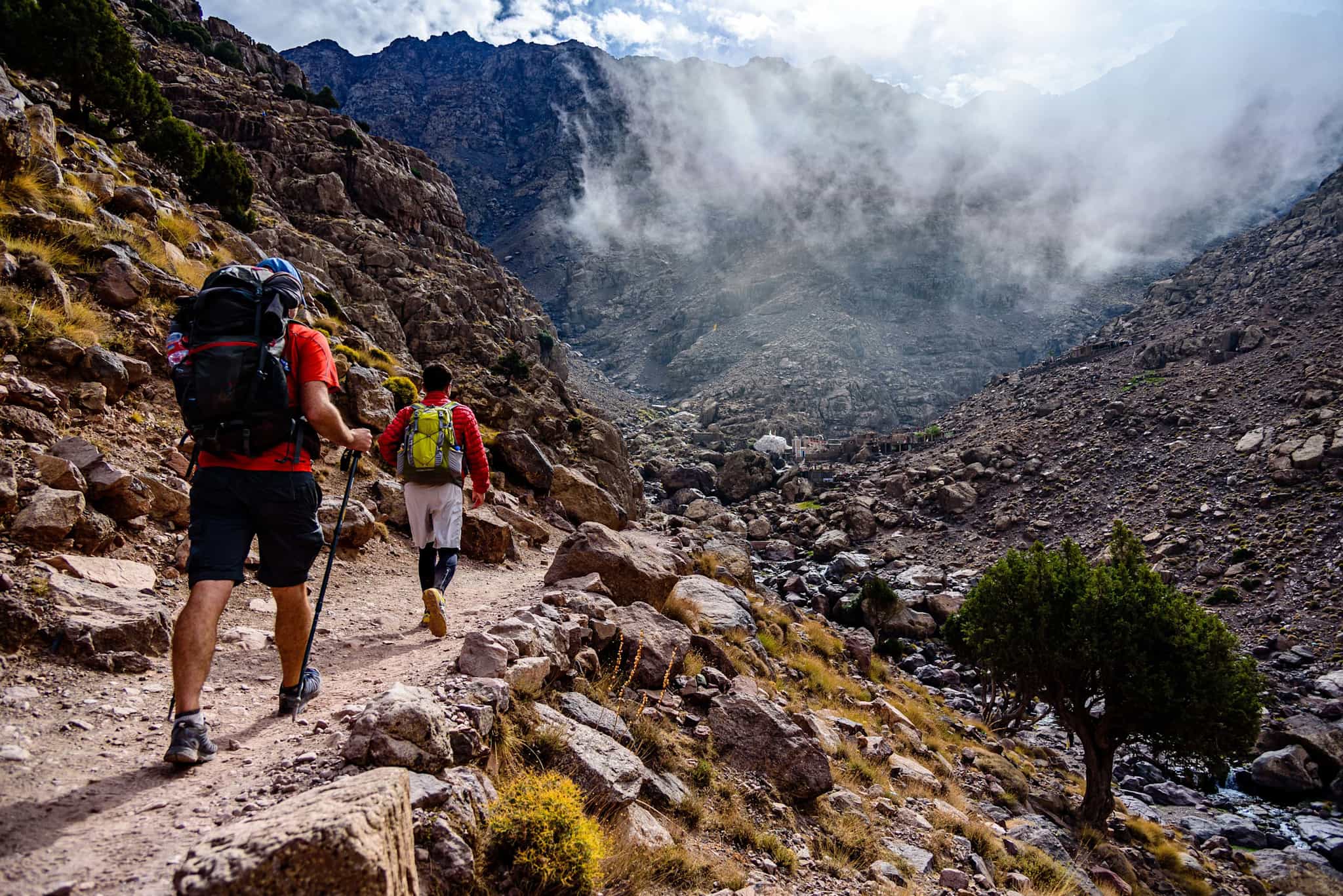 Hikers on a trail near Imlil, Morocco.
