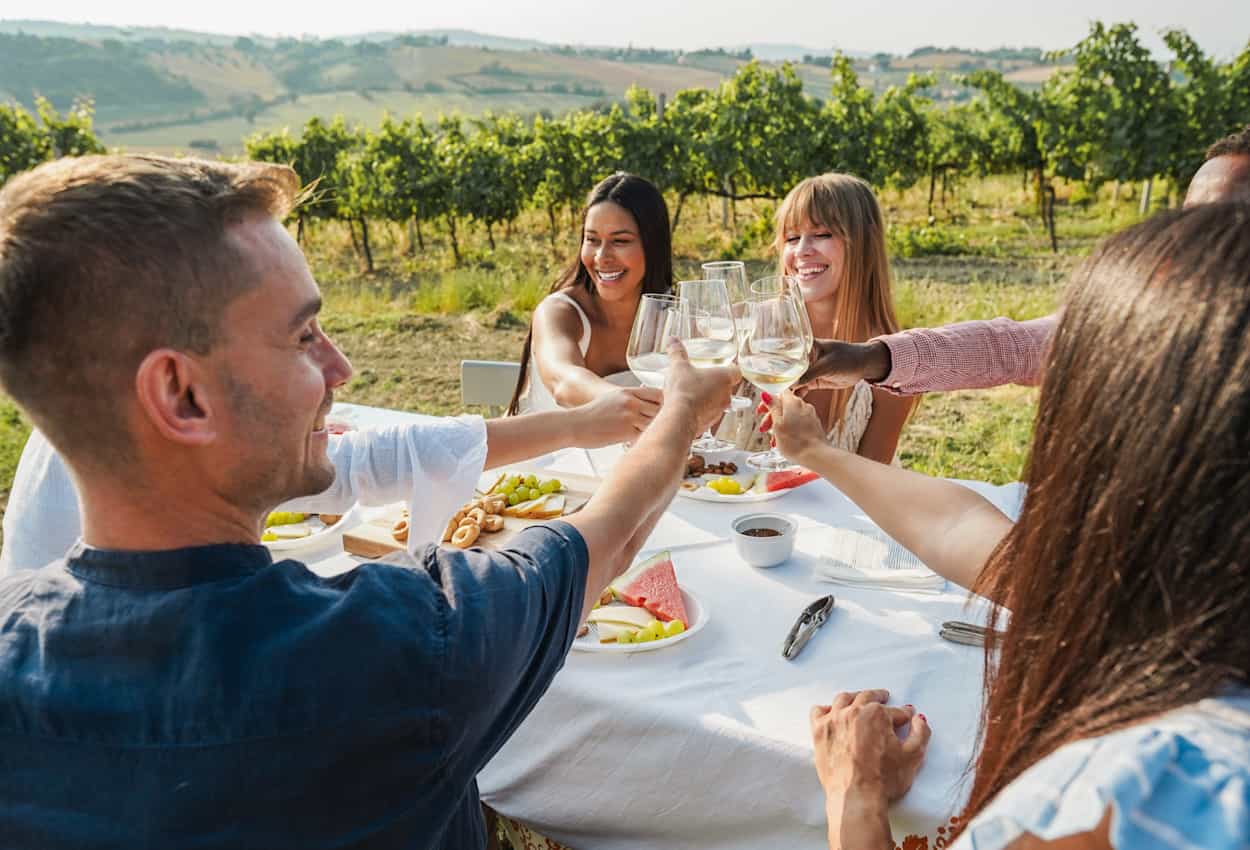 Group wine tasting in the countryside.