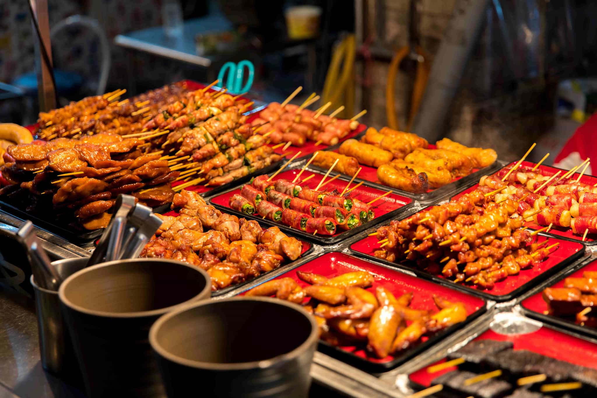 Skewers of grilled street food in Taiwan.