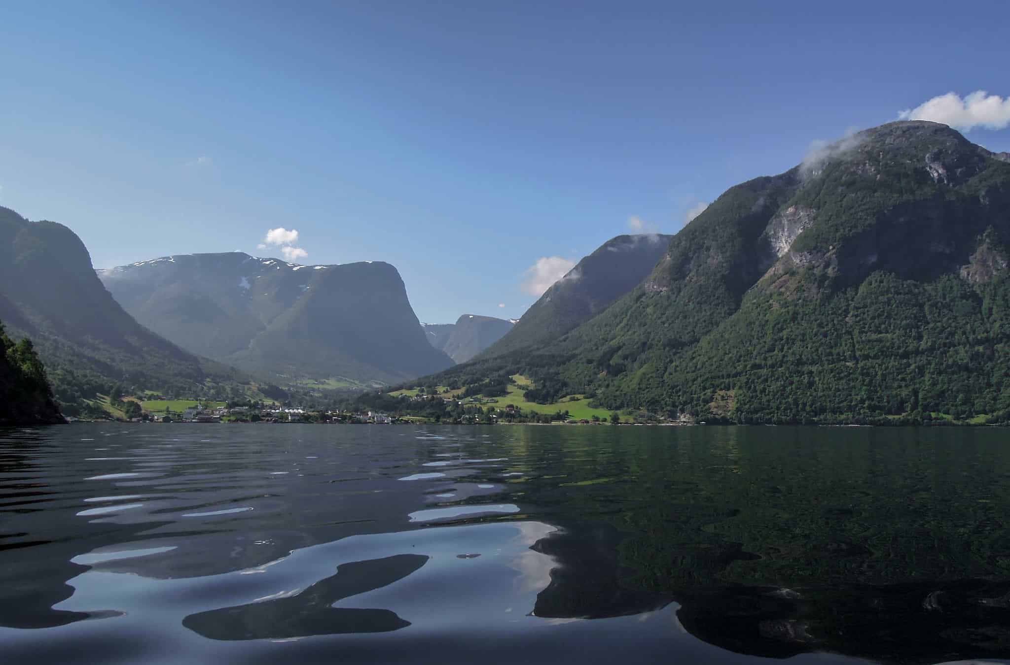 A view of the village of Fresvik from the water in the Norwegian Fjords.