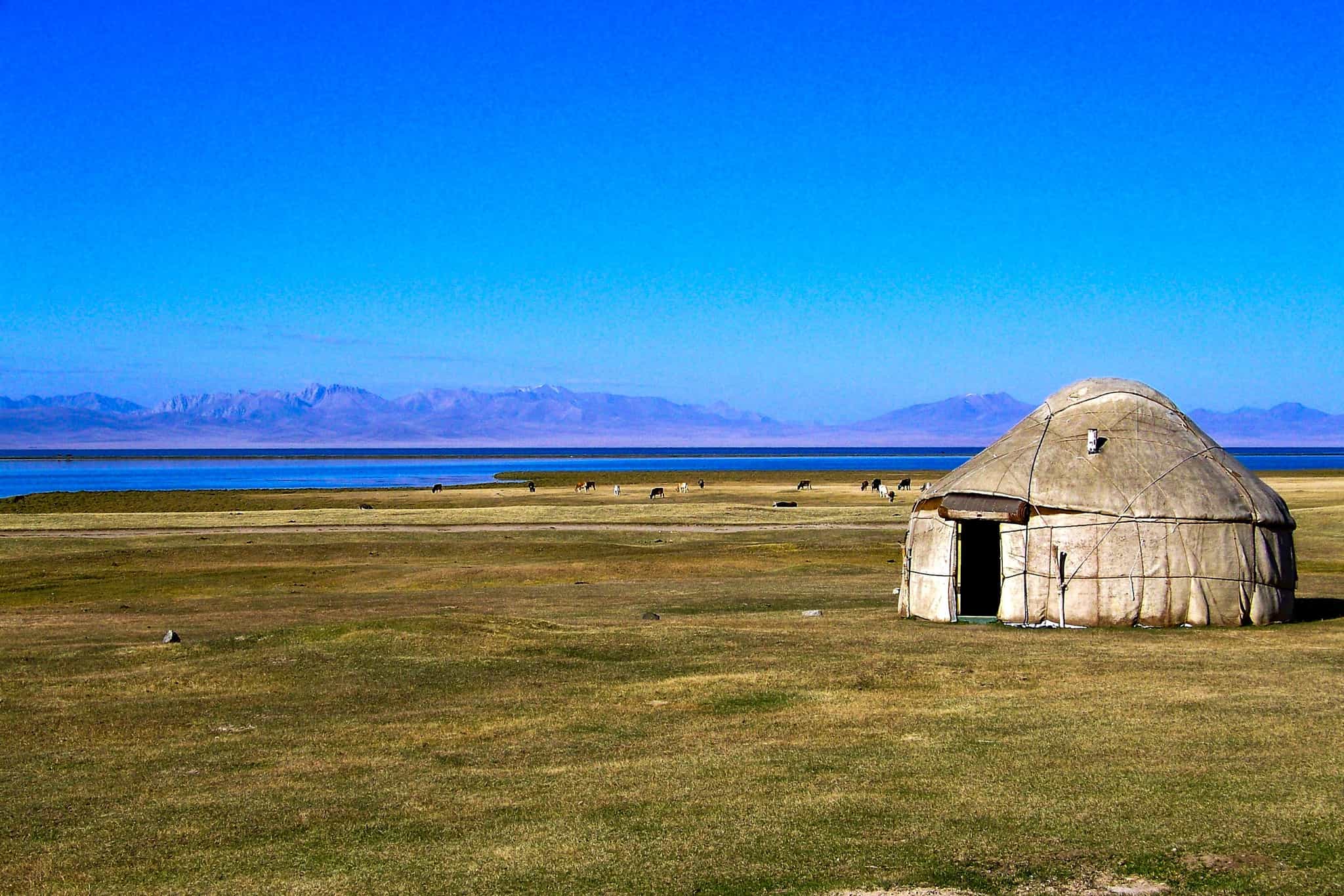 View of yurt and lake, Song Kul Lake, Kyrgyzstan