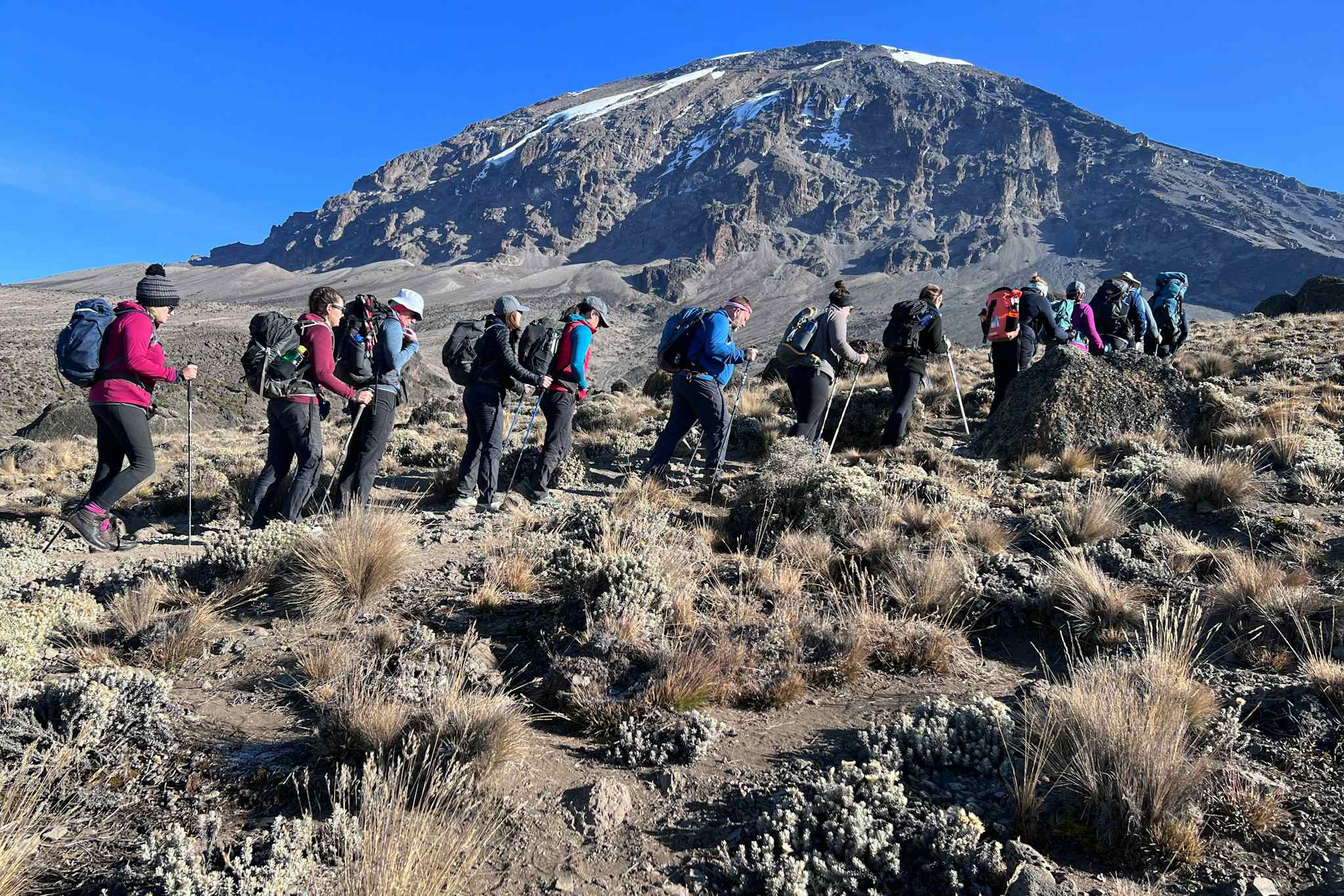 A group of trekkers hiking up Mount Kilimanjaro, Tanzania.