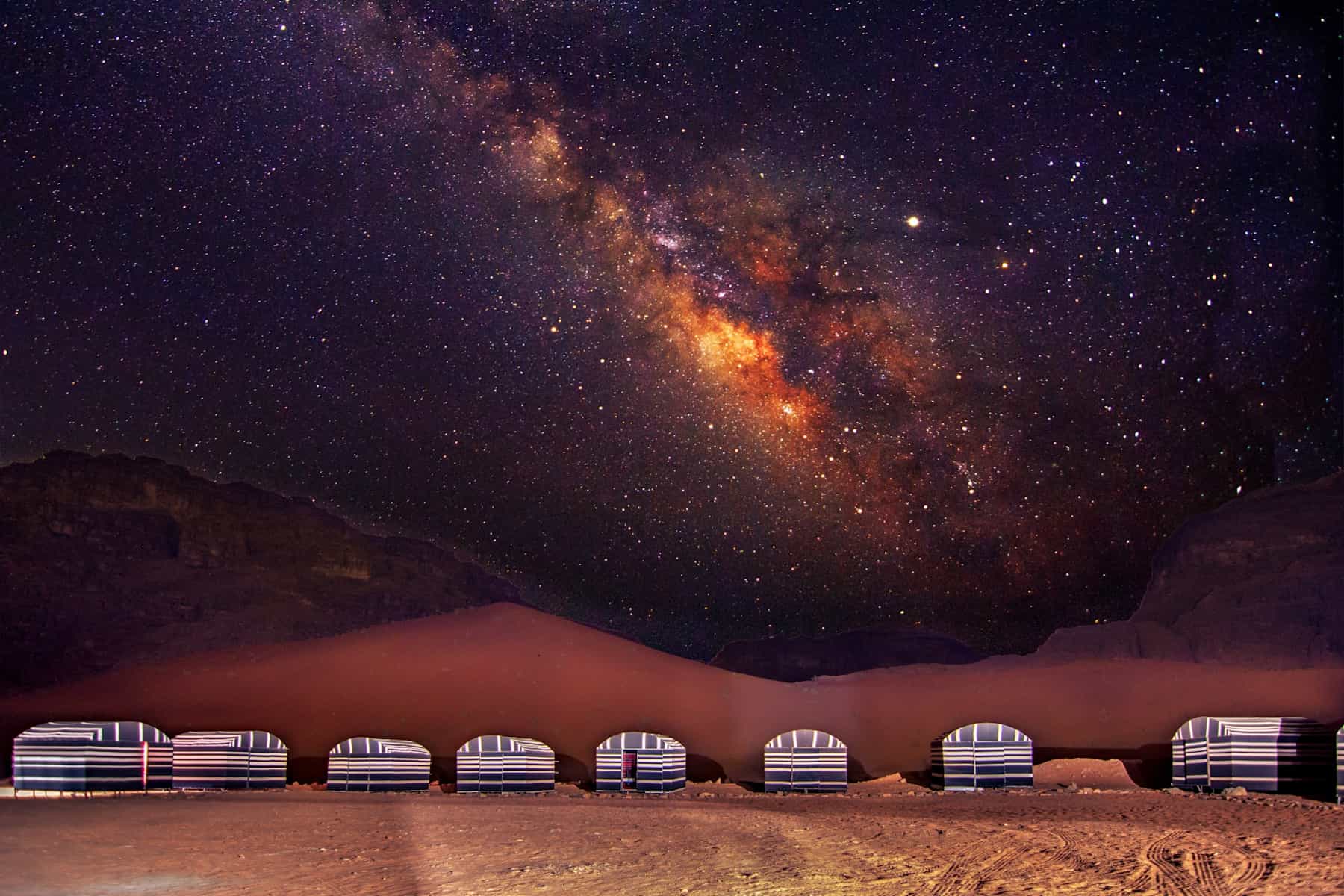 Desert camp under a starlit sky in Wadi Rum, Jordan