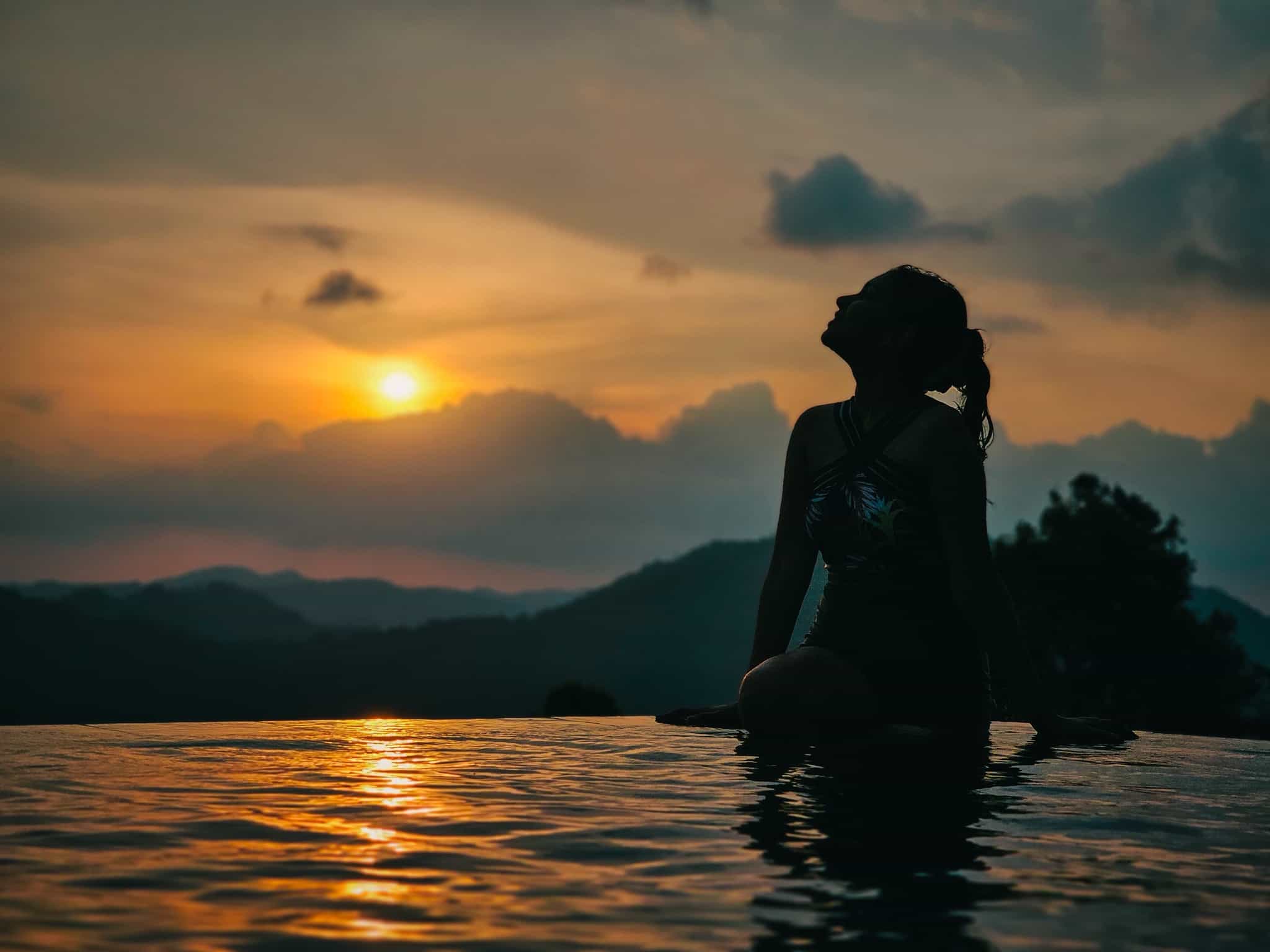 Sunset at the pool at Simpson's Forest Lodge near Kandy in Sri Lanka