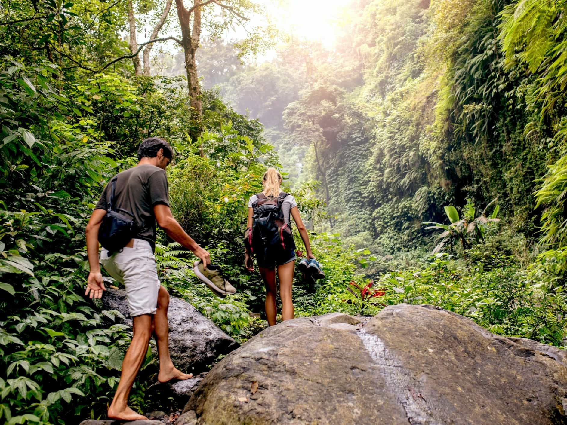 Man and woman trekking through the jungle