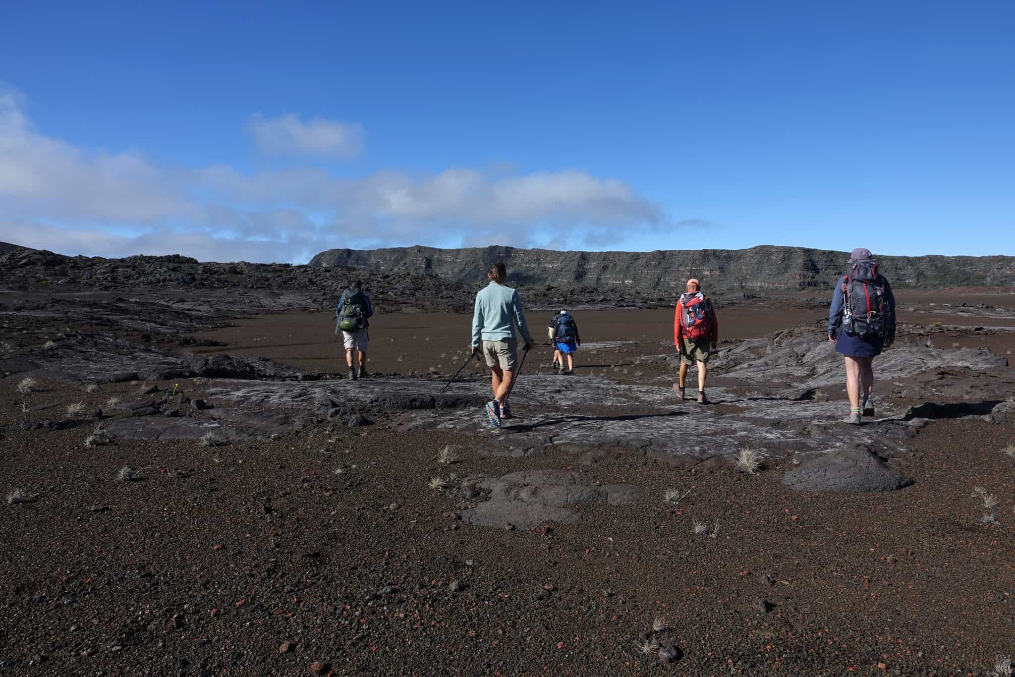 Trekkers crossing the Plaine des Sables, Reunion.