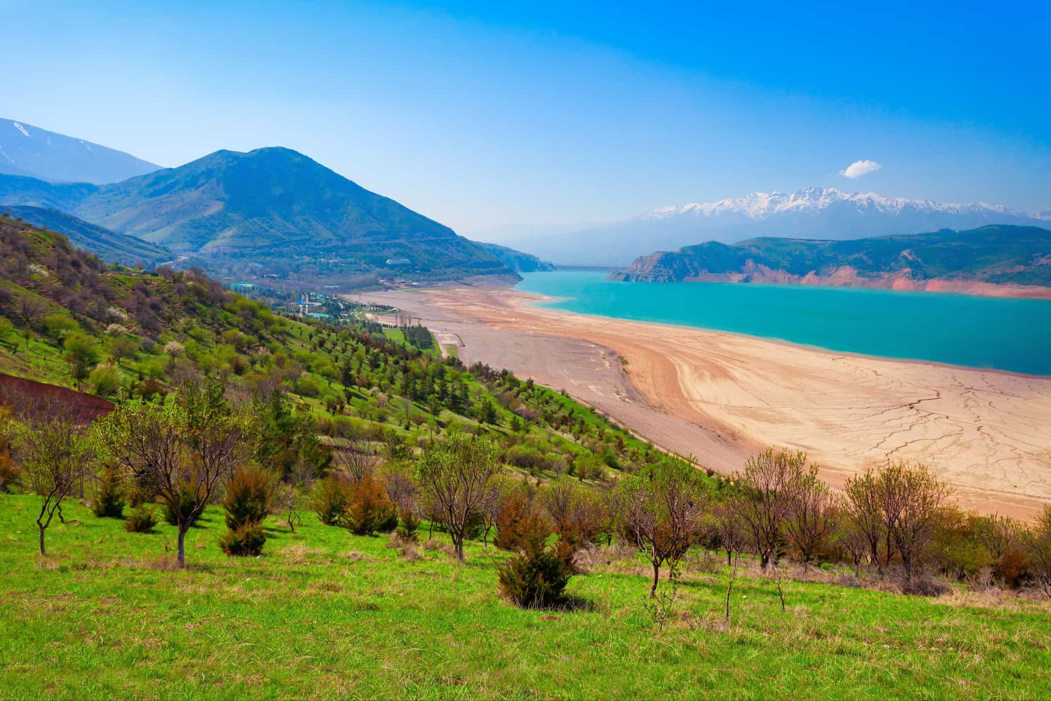 Lake Charvak or Chorvoq is a water reservoir in Chimgan region, Tian Shan or Tengri Tagh mountain range near Taskent city in Uzbekista