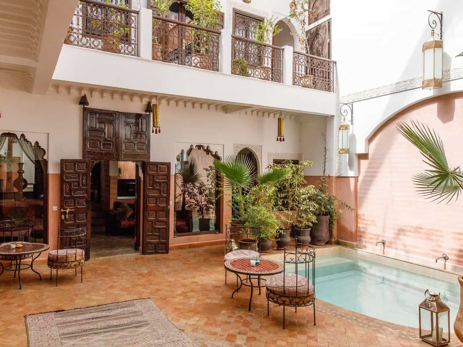 The inside of a beautiful riad in Marrakesh, Morocco. 